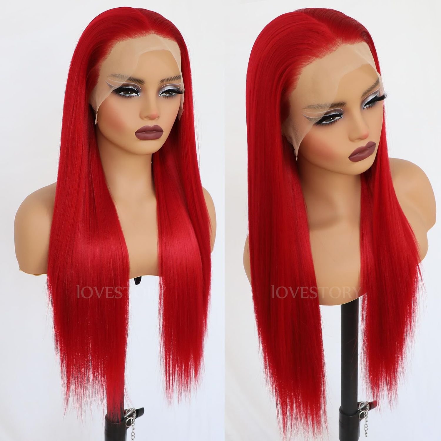 LoveStory 13x6 Long Straight Lace Front Wigs Red Color Pre Plucked Synthetic Lace Front Wigs Free Part Heat Resistant Glueless HD Lace Wigs natural Hairline