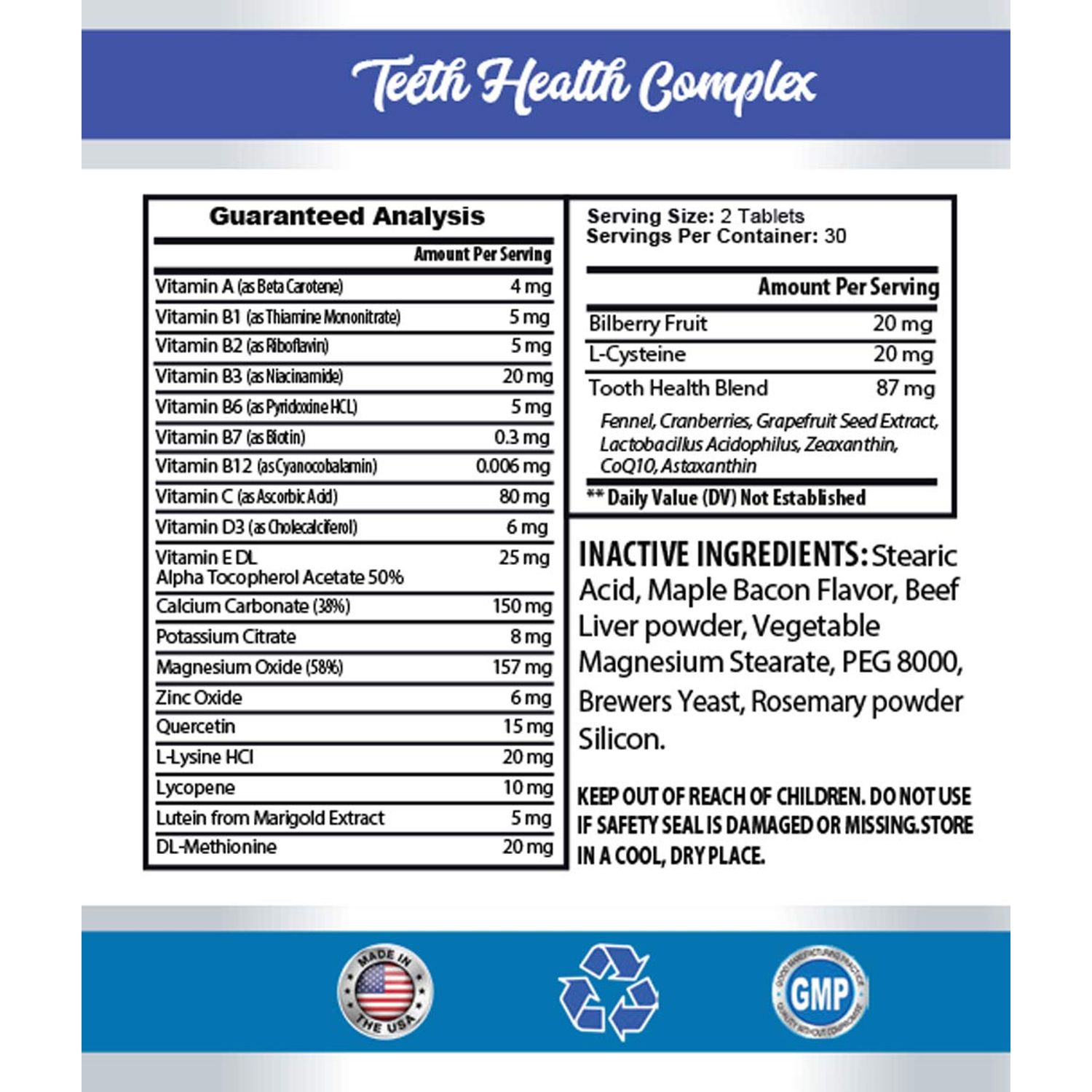 PET SUPPLEMENTS Oral Care for Dogs Bad Breath - Dog Teeth Health Formula - Advanced Support Complex - Overall Health - Dog Vitamin e - 1 Bottle (60 Tablets)