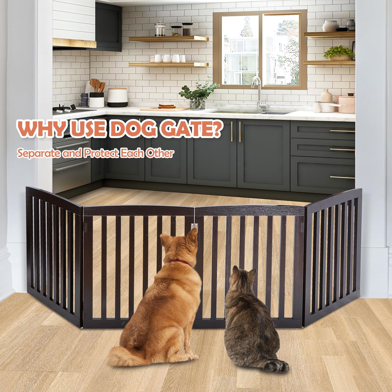 Dog Gate Pet Gate for House, Stairs, Hallways, Doorways 24Inch 4 Panels Foldable Dog Fence for Indoor Extra Wide Wooden (Coffee)
