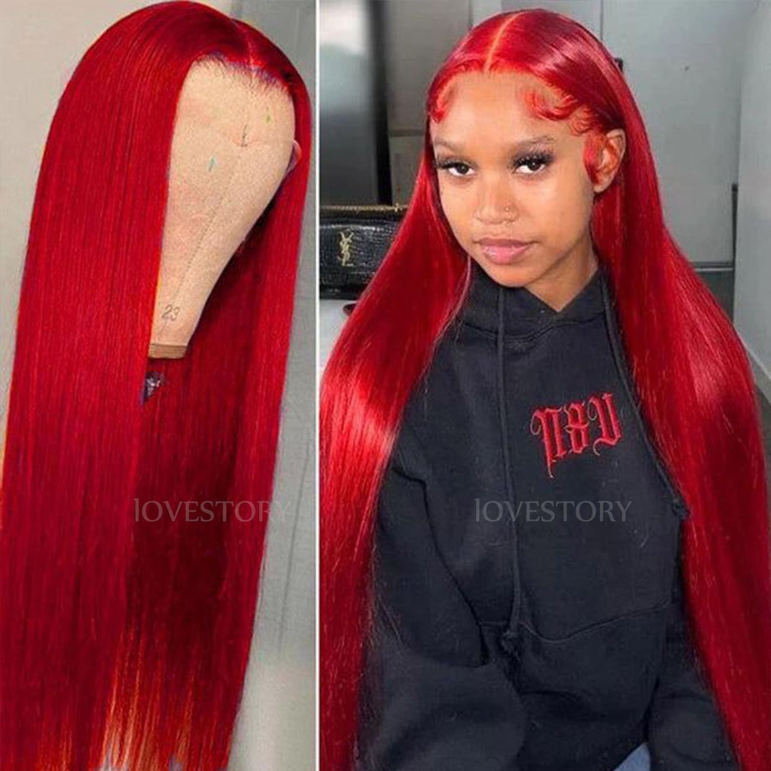LoveStory 13x6 Long Straight Lace Front Wigs Red Color Pre Plucked Synthetic Lace Front Wigs Free Part Heat Resistant Glueless HD Lace Wigs natural Hairline