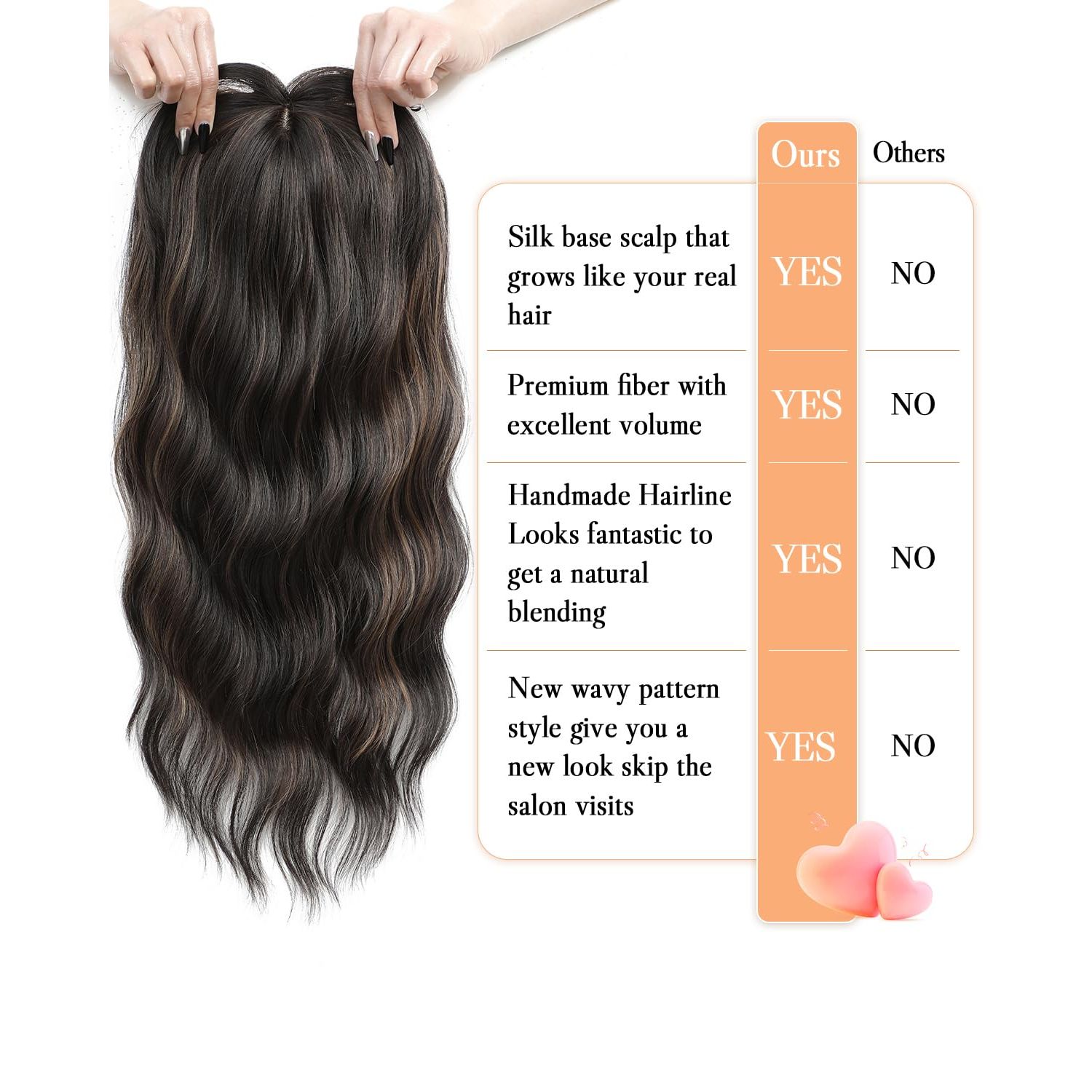 Hair Toppers for Women 20inch Wavy Hair Toppers for Women Toppers Hair Pieces for Women with Thinning Hair Ombre Highlight Synthetic Wig Clip In Hair Topper Wiglets with Fringe Bang Add Hair Volume