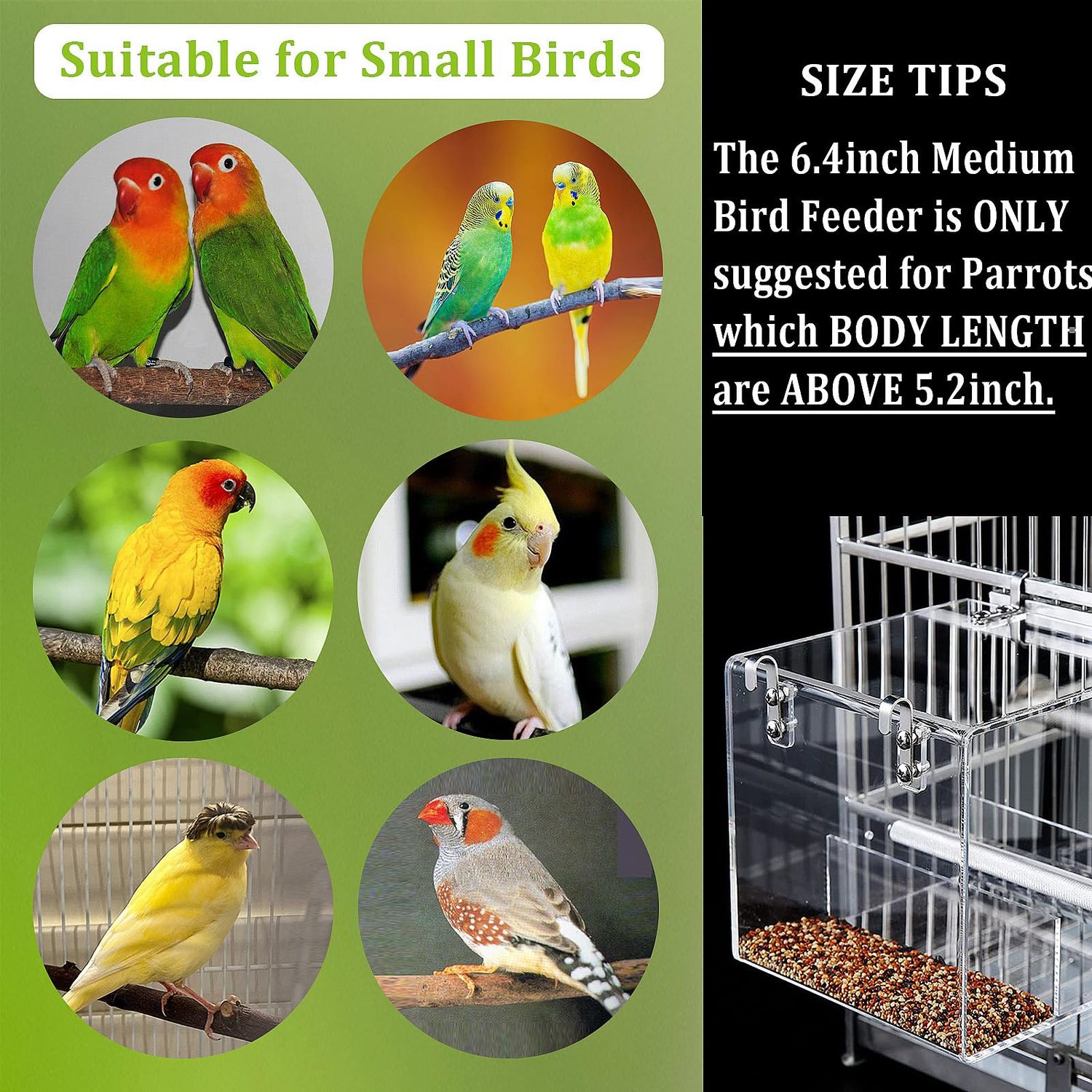 No Mess Bird Feeder for Cage Bird Feeder Automatic Bird Cage Feeder, Acrylic No Spill Bird Feeder Cage for Parakeet Parrot Cockatiels Cockatiels Lorikeet Lovebirds Cage Seed Feeder 6.4inch