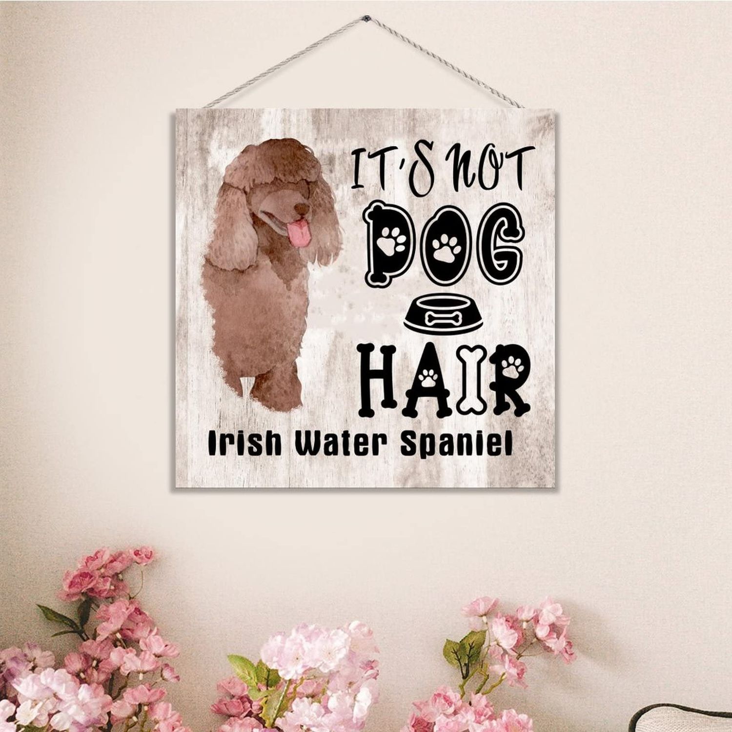 WengBeauty It's Not Dog Hair It's Irish Water Spaniel Retro Wall Art Wood Hanging Wall Plaque Sign Funny Farmhouse Wooden Hanging Sign Plaque with Rope for Farm, Dog house, Dog Lovers Gifts 8x8 Inch
