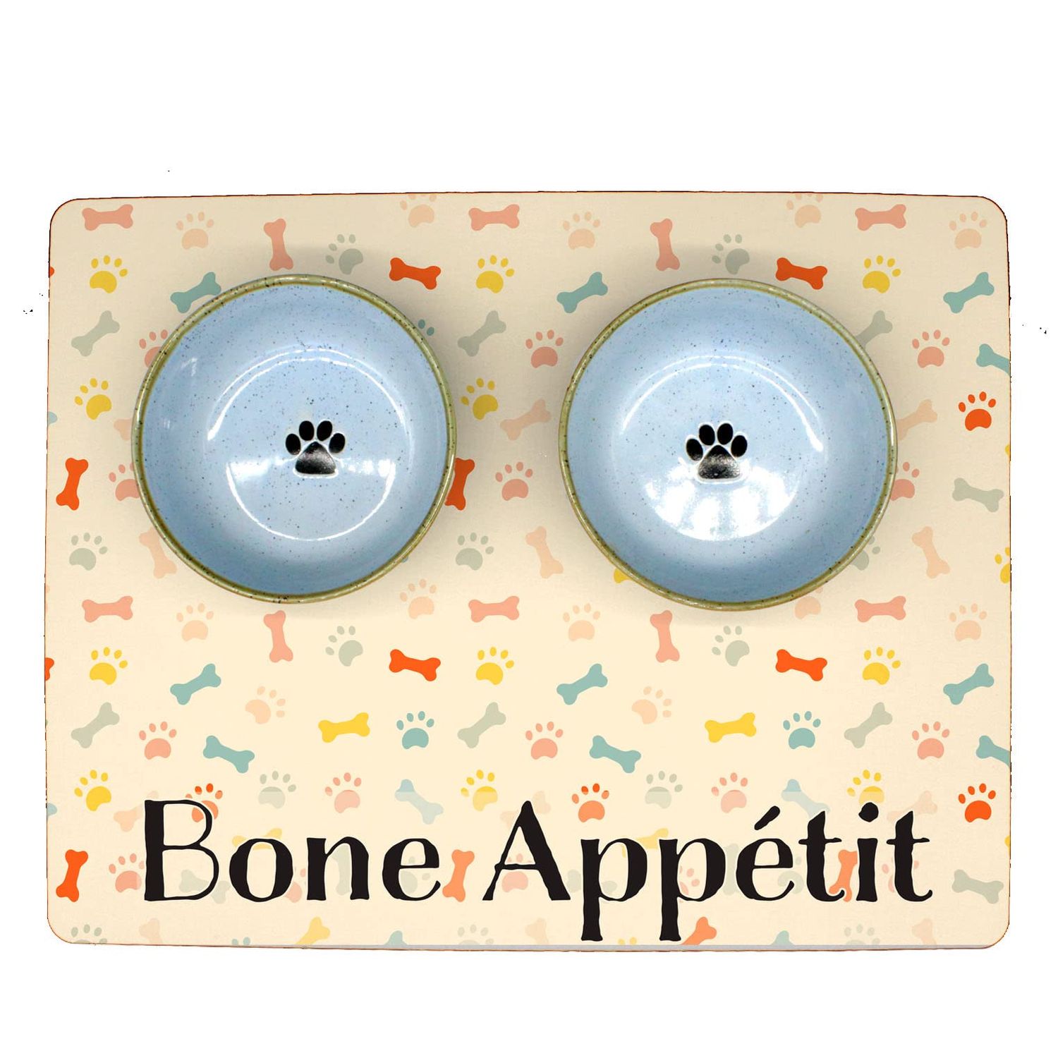 Pet Food Mat for your Dog Food Bowl and Water Dish - Made in the USA (Bone Appétit, 15 x 19)