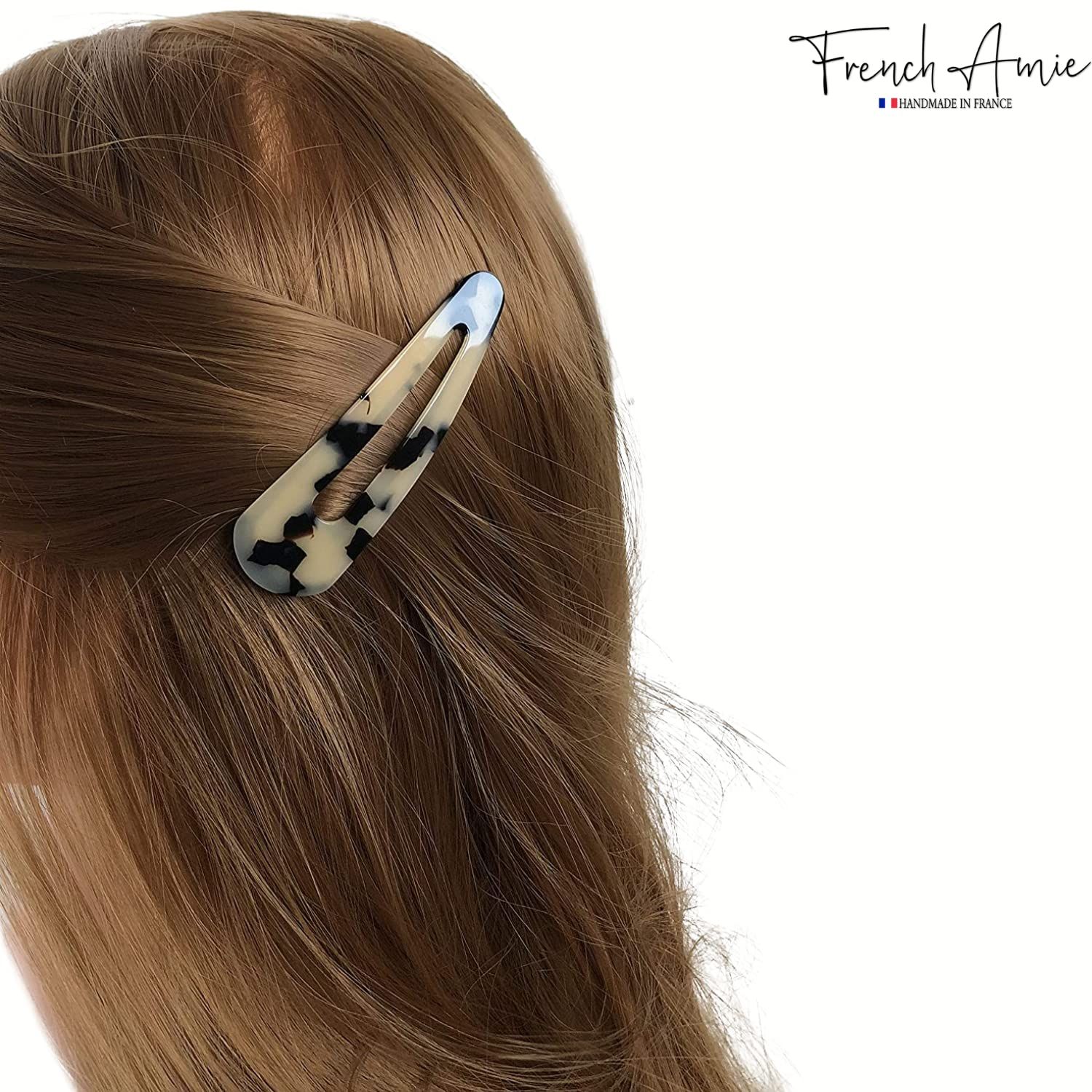 French Amie Clic Clac White Tokyo Large Handmade Celluloid Set of 2 French Snap Clip Barrette Hair Slides Women Strong Hold No Slip Side Slide-in Girls Women Hair Accessories, Made in France