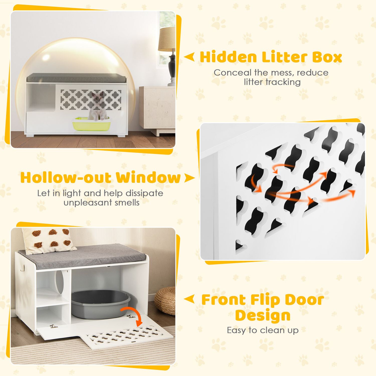 Cat Litter Box Enclosure w/ Removable Cushion & Flip-Down Opening Modern White