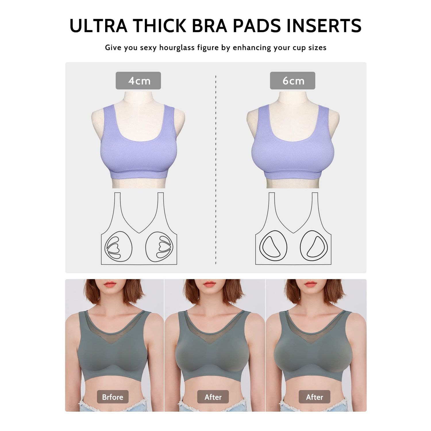 FOOT OF THE TREE Super Thick Bra Pads Inserts 3 Pairs Removable Breast Enhancers Push Up Bra Cups Paddings,BE4CM-S