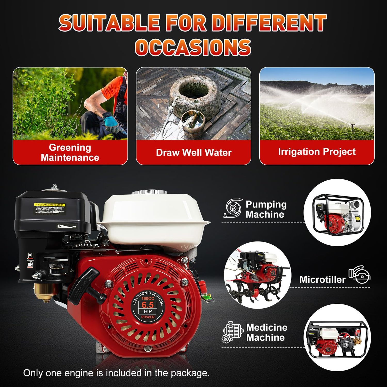 4 Stroke Pull Start Petrol Engine, 6.5HP/7.5HP Horizontal Air Cooled Single Cylinder General Gas Engine Replaces Compatible For Honda GX160 OHV (6.5HP 160CC)