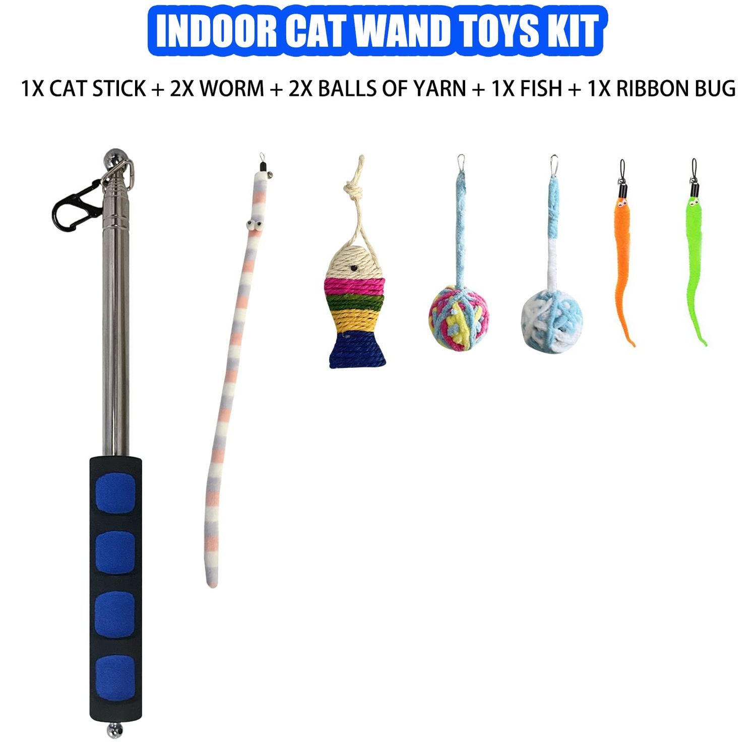 Retractable Cat Toys Wand, 7 Pack Super Long 55.1" Retractable Cat Wand Toy Ball of yarn Rainbow Cat String Toy with Feather Teasers, Interactive Cat Toys for Indoors,Funny Exercise for Kitten or Cats