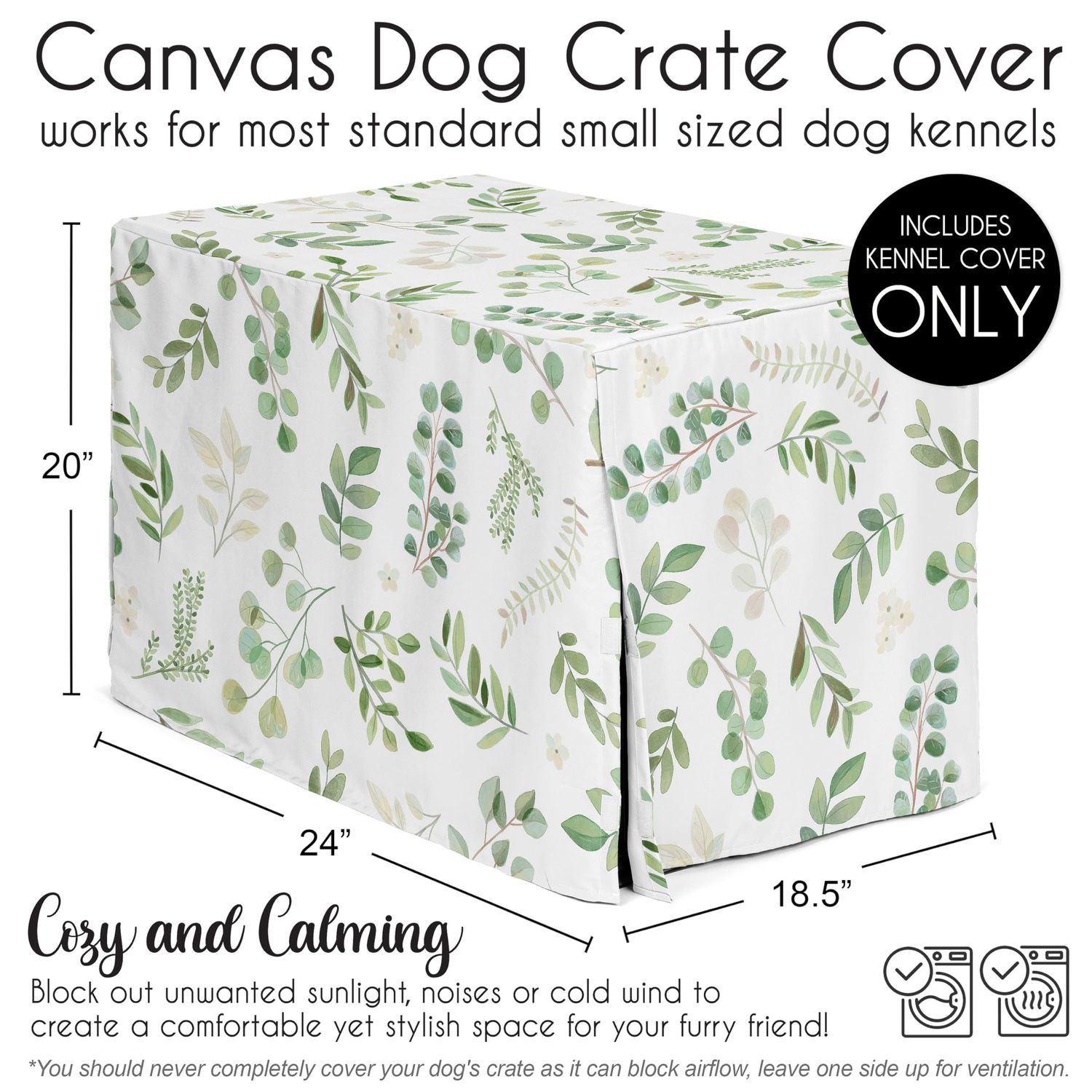 Sweet Jojo Designs Green Boho Floral Leaf Dog Crate Cover – Kennel Covers for 24 Inch Pet Cage Small - Neutral Sage White Bohemian Watercolor Botanical Flower Woodland Tropical Garden Nature