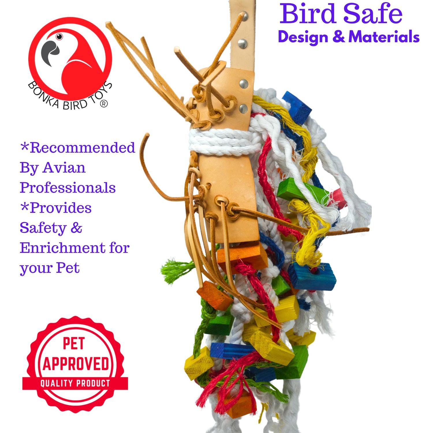 Bonka Bird Toys Leather Saddle Chew Forage Preen Parrot Cage Toy Birds, Macaws, Cockatoos, Conures, Quakers, Ringnecks, Amazons, African Greys and Similar Breeds (2630 Medium)