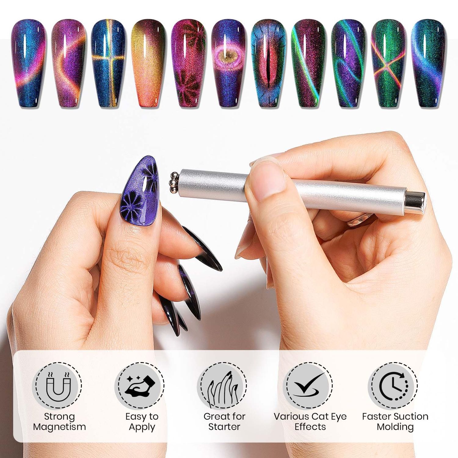 SUPWEE Cat Eye Magnet for Nails 4PCS Nail Polish Magnet for Cat Eye Gel Nail Polish Multi-Function Double-Head Mangtic Stick for 9D Strip Galaxy Cat Eye Nail Art Design DIY Home Manicure