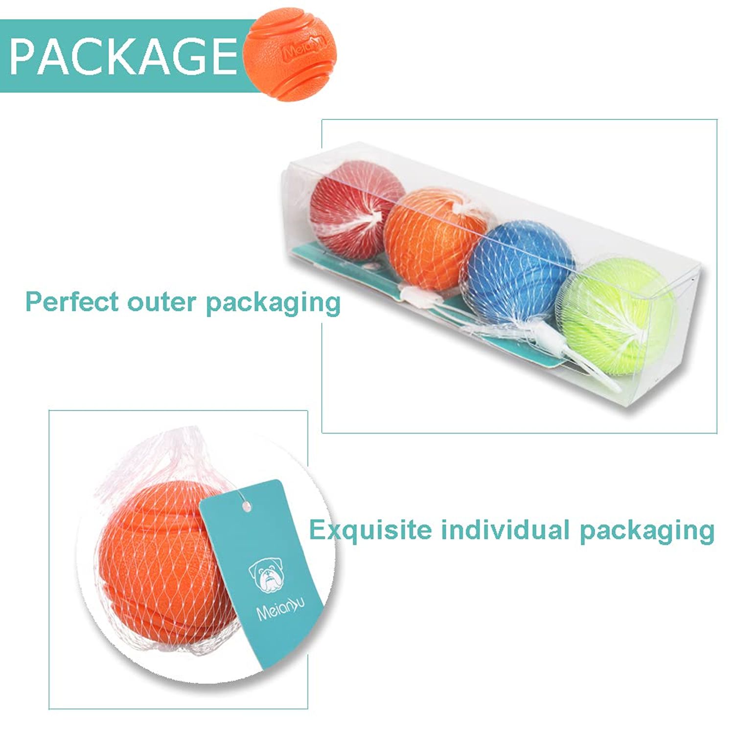 Vitalili Dog Toy Balls, 4 PCS Rubber Ball Set, Chew Resistant, High Bounce, Textured Design for Teeth Cleaning, Dog Training, Small Breeds, 2in/5cm Diameter