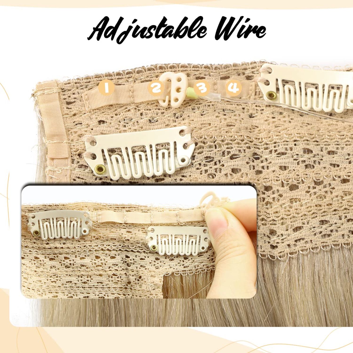 TIVBOES Wire Hair Extensions 18 inch 95g Ash Blonde to Golden Blonde and Platinum Blonde Straight Remy Hair Extensions with Invisible Fish Wire Hair Extensions Real Human Hair