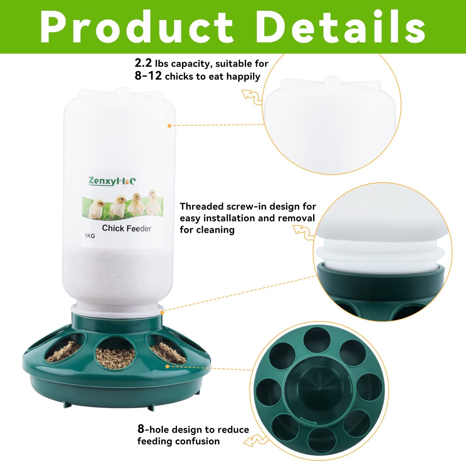 ZenxyHoC Chick Feeder and Waterer Kit, 2.2LBS Chick Feeder and 0.4Gal Chick Waterer with 3 Adjustable Heights Combo for Baby Chicken Duck Brooder