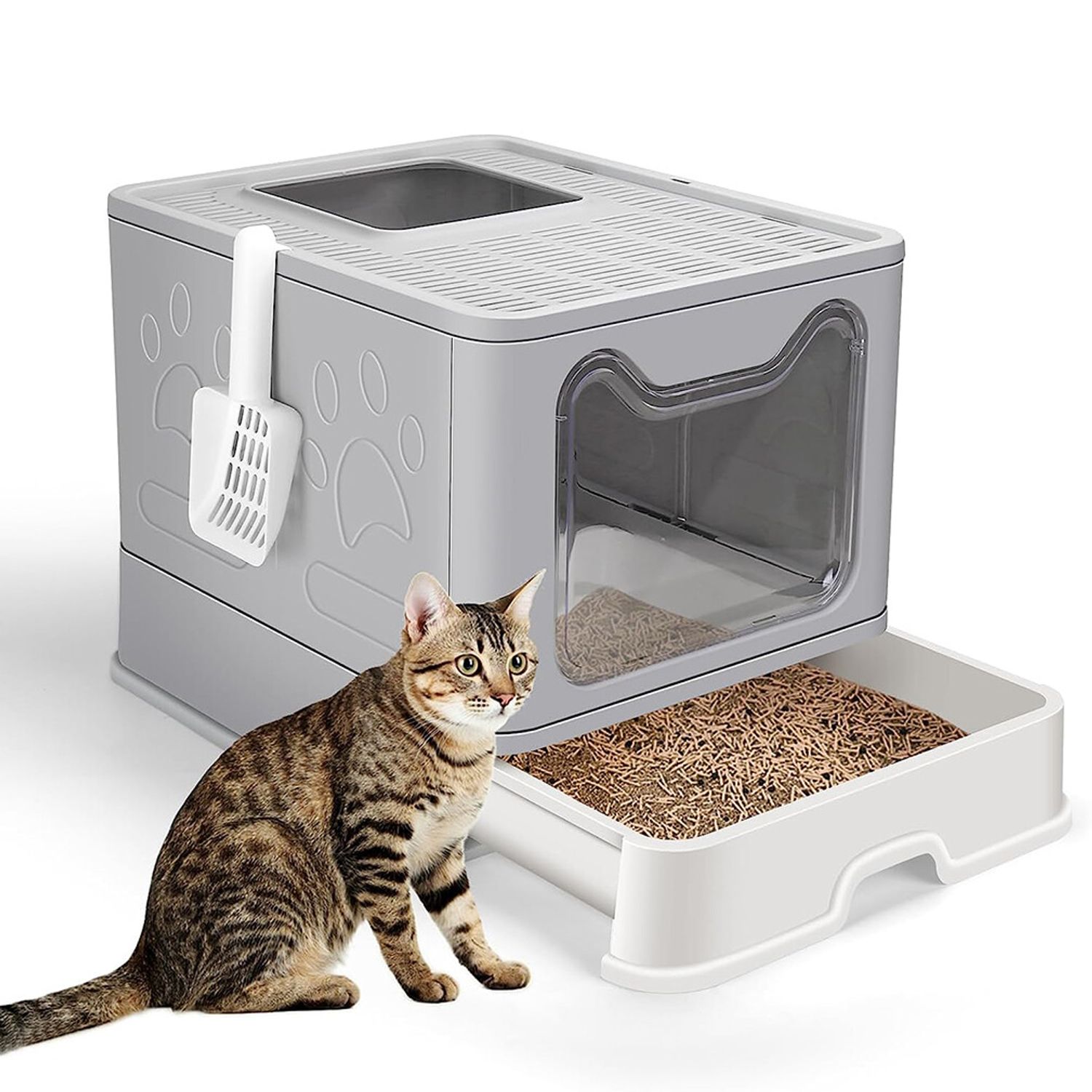 Foldable Cat Litter Box w/ Scoop & Drawer Tray Large Space Cat Litter Enclosure