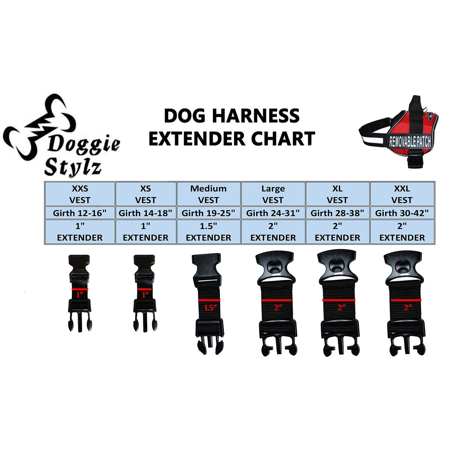 Doggie Stylz Dog Harness Girth Strap Extender Harnesses, Adds 3-5 Extra inch Extension to Your Dogs Girth Strap (1.5" Inch Width (adds 5 inches))