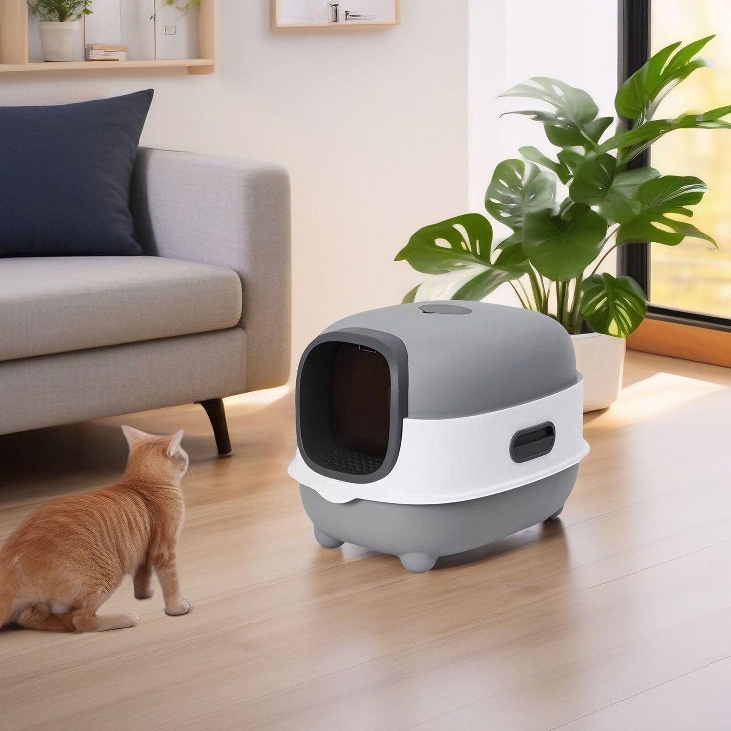 Compact Enclosed Cat Litter Box with Litter Scoop Plastic Cat Toilet Easy Clean