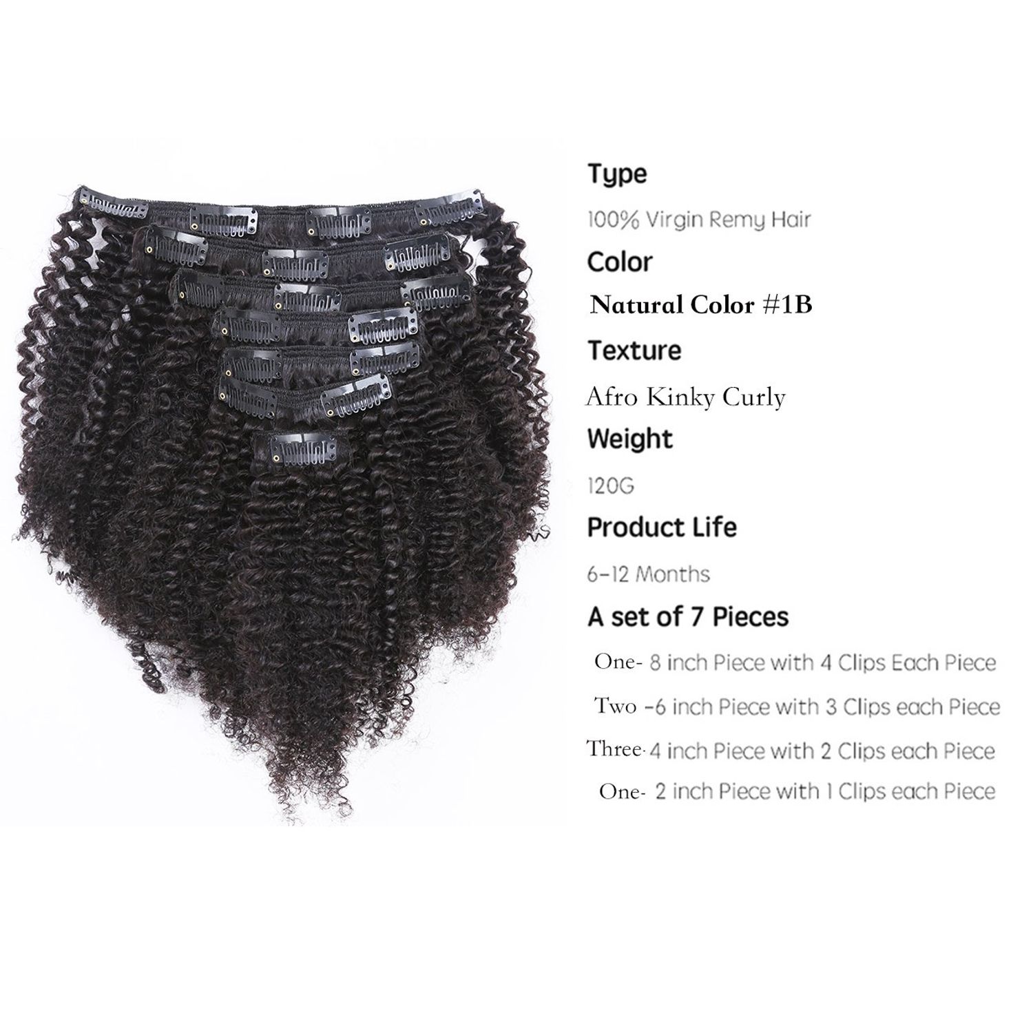 Afro Kinky Curly Clip in Human Remy Hair Extensions Brazilian Curly Clips Hair Extensions 4B 4C 8A Virgin Thick Natural Black Color Clip on For Black Women 10-22 inch (10 inch, AC #1B)