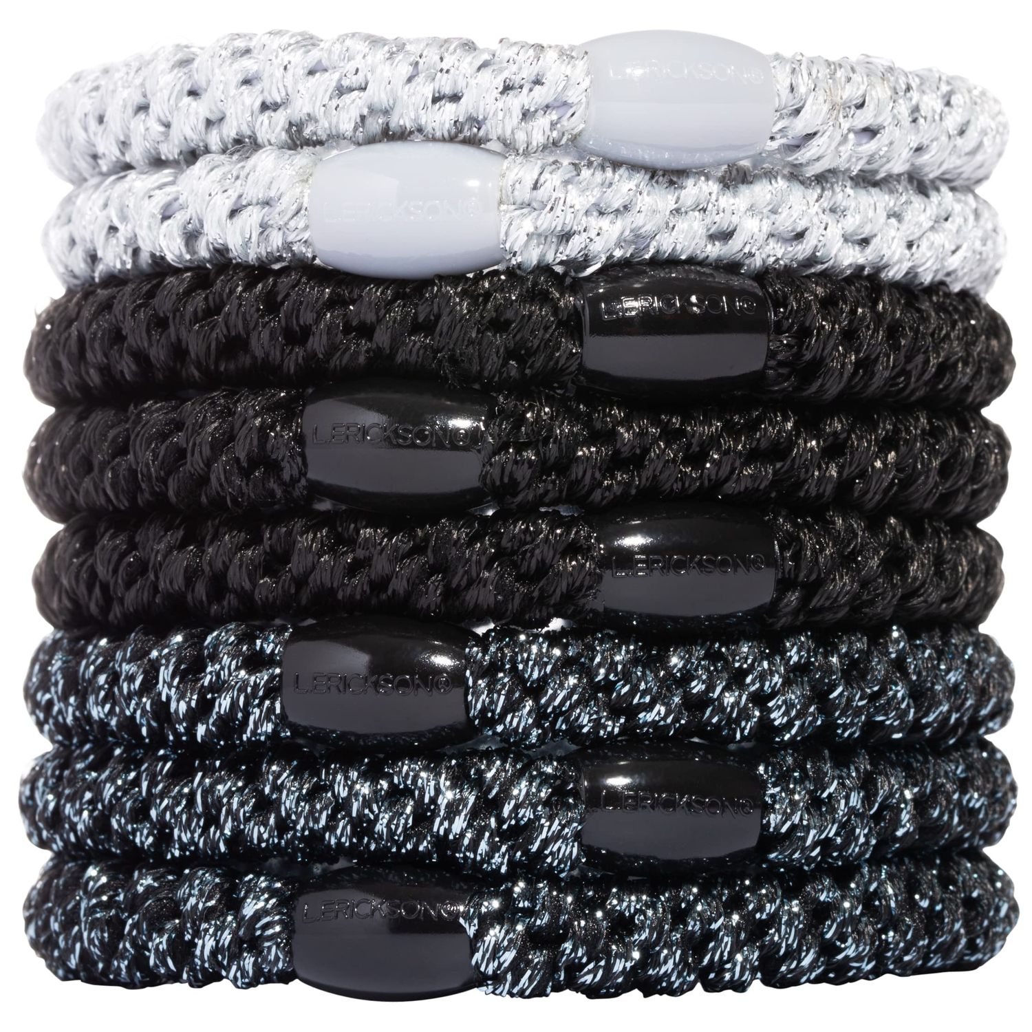Black & Silver Hair Ties for Thick Hair, Grab & Go Ponytail Holders, 8 Pack, Grey Metallic, Thick No-Crease Bands with Strong Hold, Damage-Free Design, Lightweight and Stylish Fit | L. Erickson