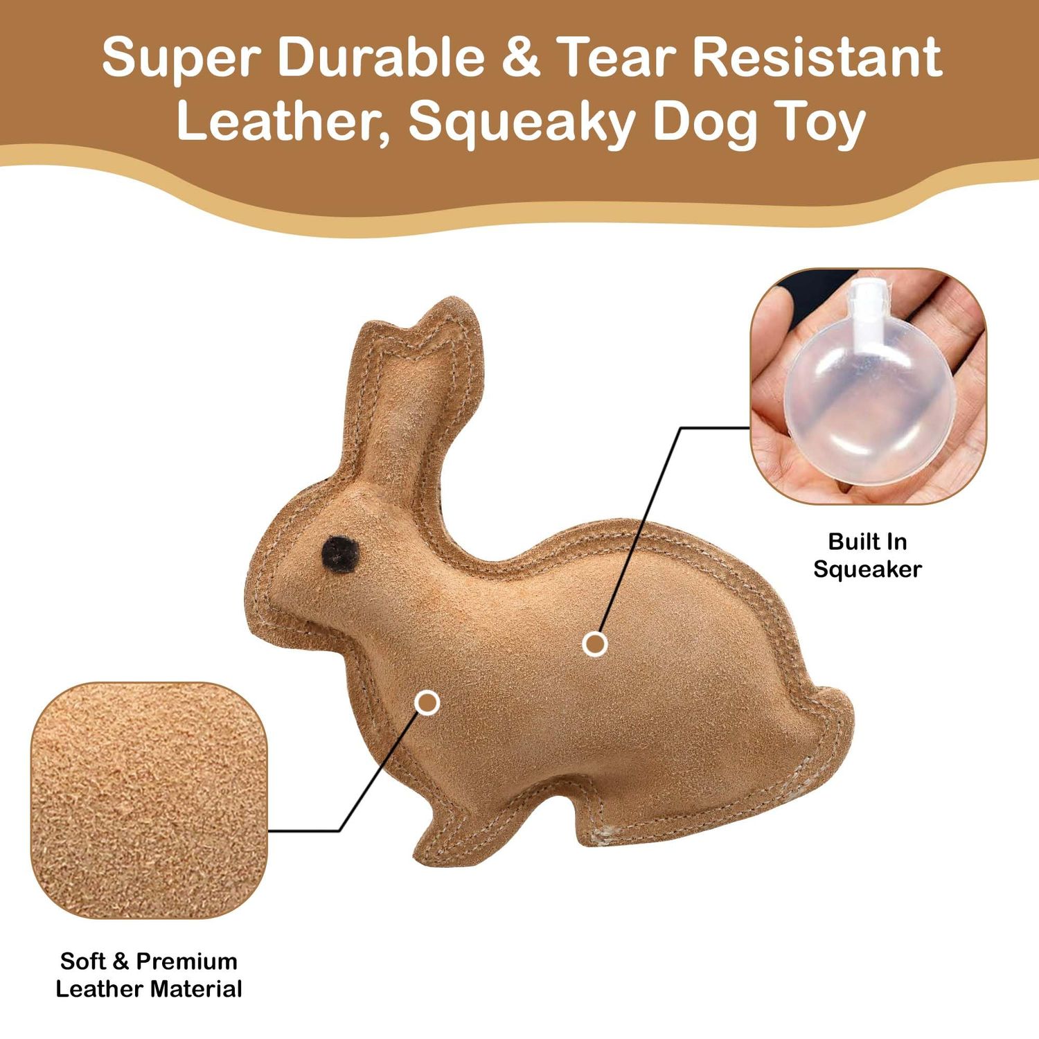 SPOT Dura-Fused Leather Rabbit - Durable Dog Toy with Squeaker, Real Leather & Jute Fabric, Interactive Toy for Moderate & Aggressive Chewers, Small and Medium Dogs and Puppies, 7.5in