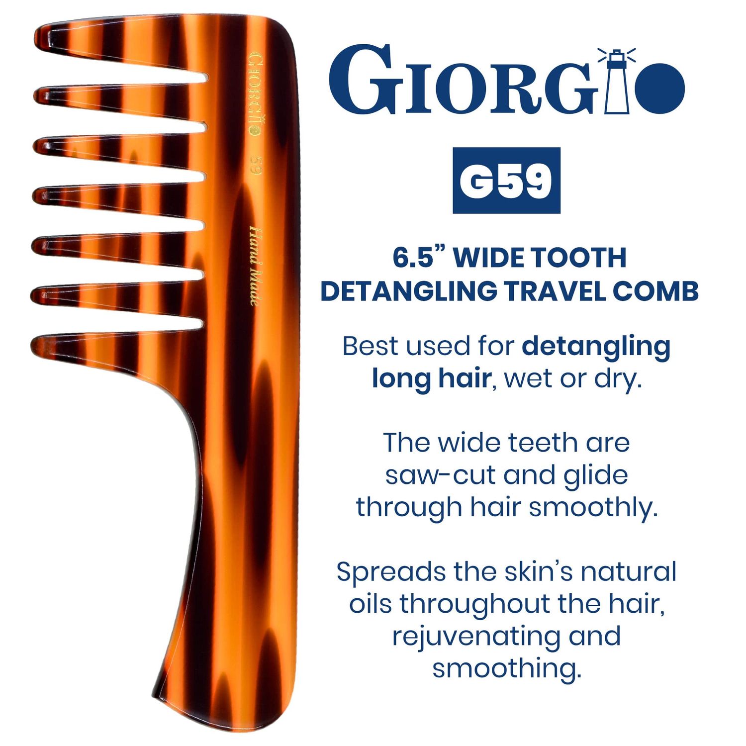 Giorgio G59 Extra Wide Tooth Detangler Comb (6.5") Large Tooth Comb with Handle for Thick, Wavy, or Curly Hair. Travel Hair Comb for dry or Wet Hair, Handmade Wet Comb Saw-Cut and Hand Polished