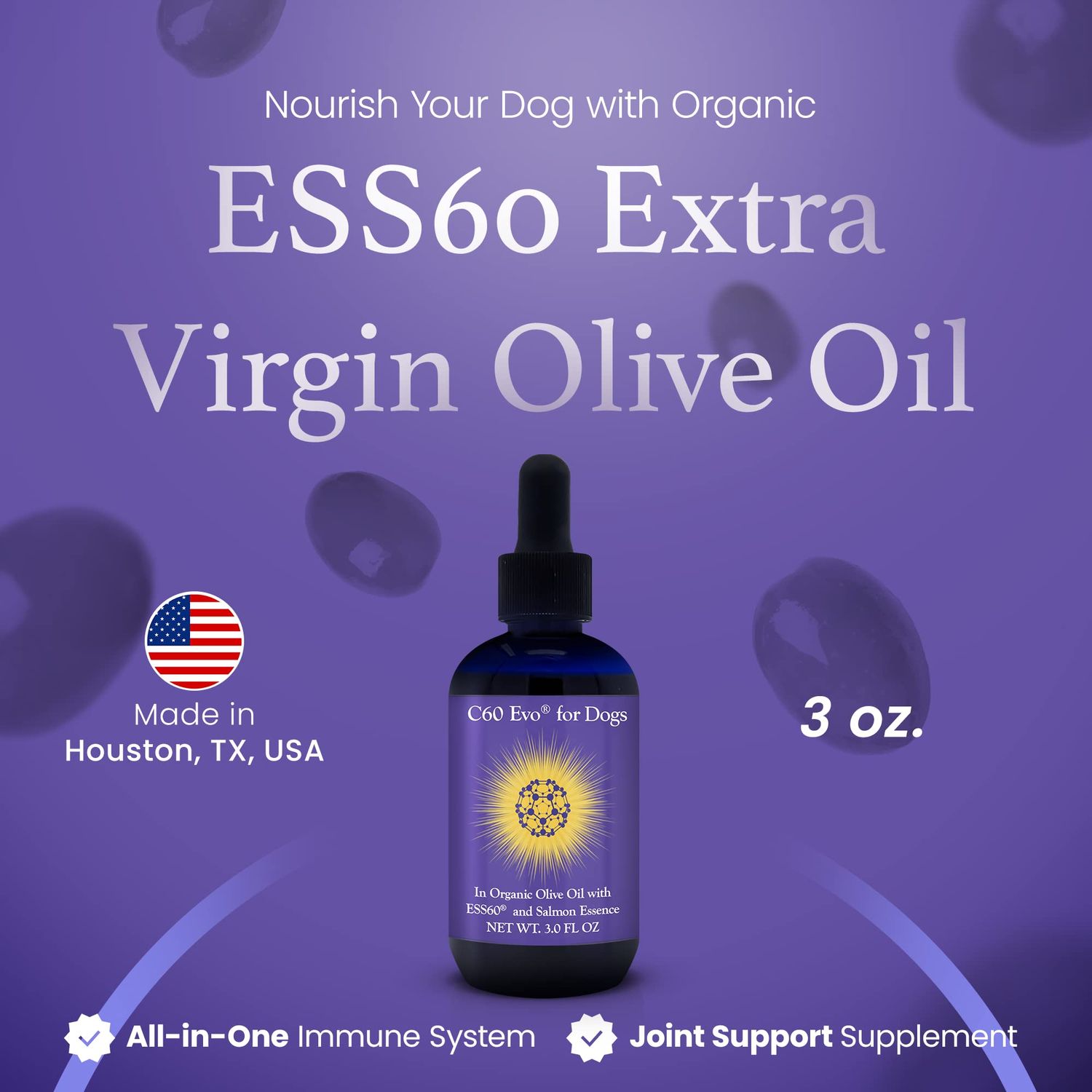C60 Evo Dog Supplement, Pure ESS60 in Extra Virgin Olive Oil for Dogs, All-in-One Dog Immune Supplement, Dog Joint and Energy Support, Infused with Natural Bacon Essence, 3 oz - C60 Evo