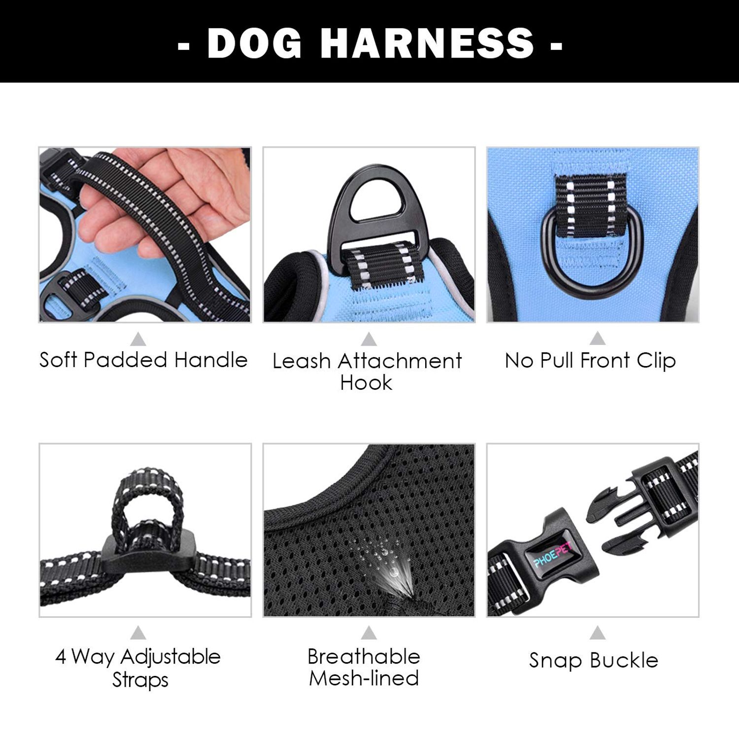 PHOEPET No Pull Dog Harness Reflective Adjustable Vest with a Training Handle, Name ID Pocket, 2 Metal Leash Hooks, 3 Snap Buckles [Easy to Put on & Take Off](S, Baby Blue)