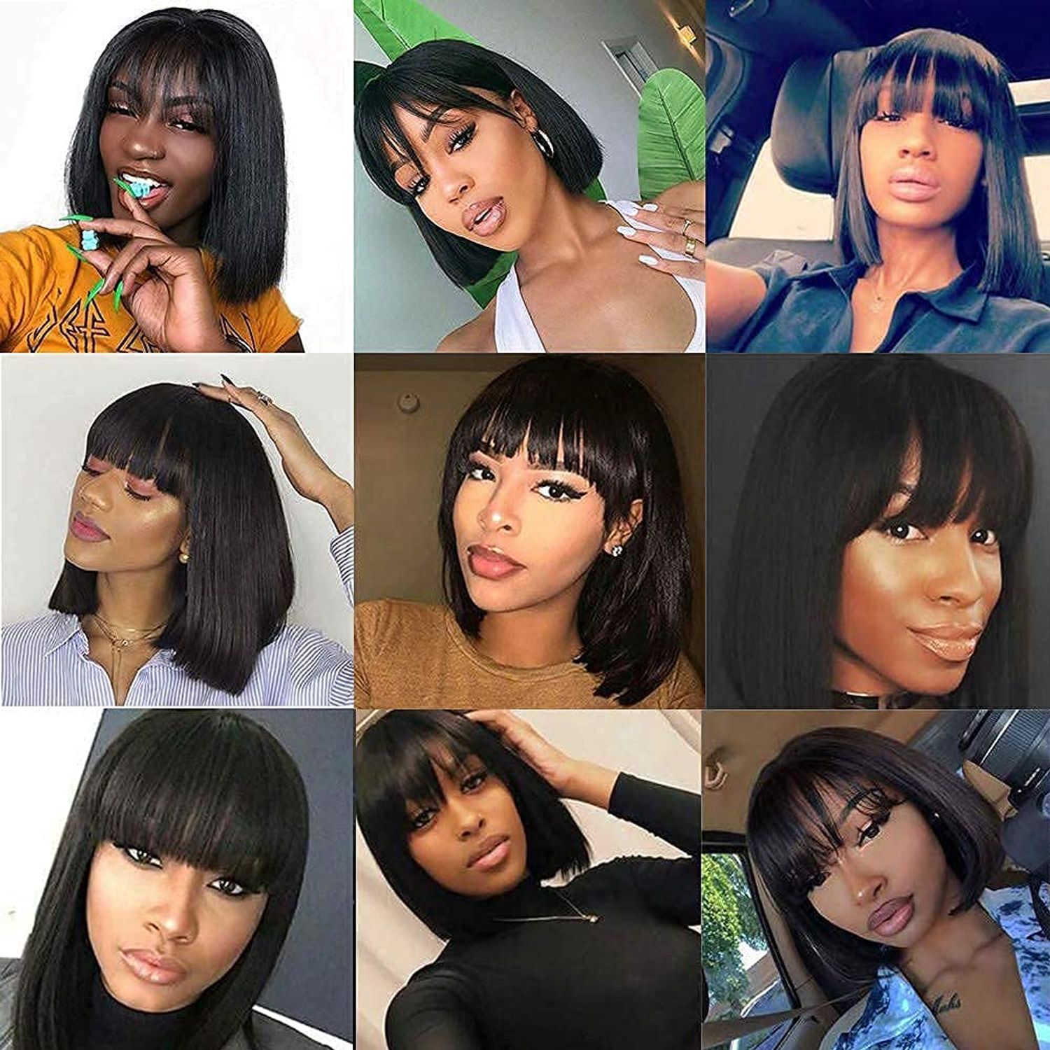 SQPLXK Short Bob Human Hair Wigs with Bangs None Lace Front Wigs Brazlian Straight Hair Machine Made Bob Wig for Black Women Natural color (8 Inch)
