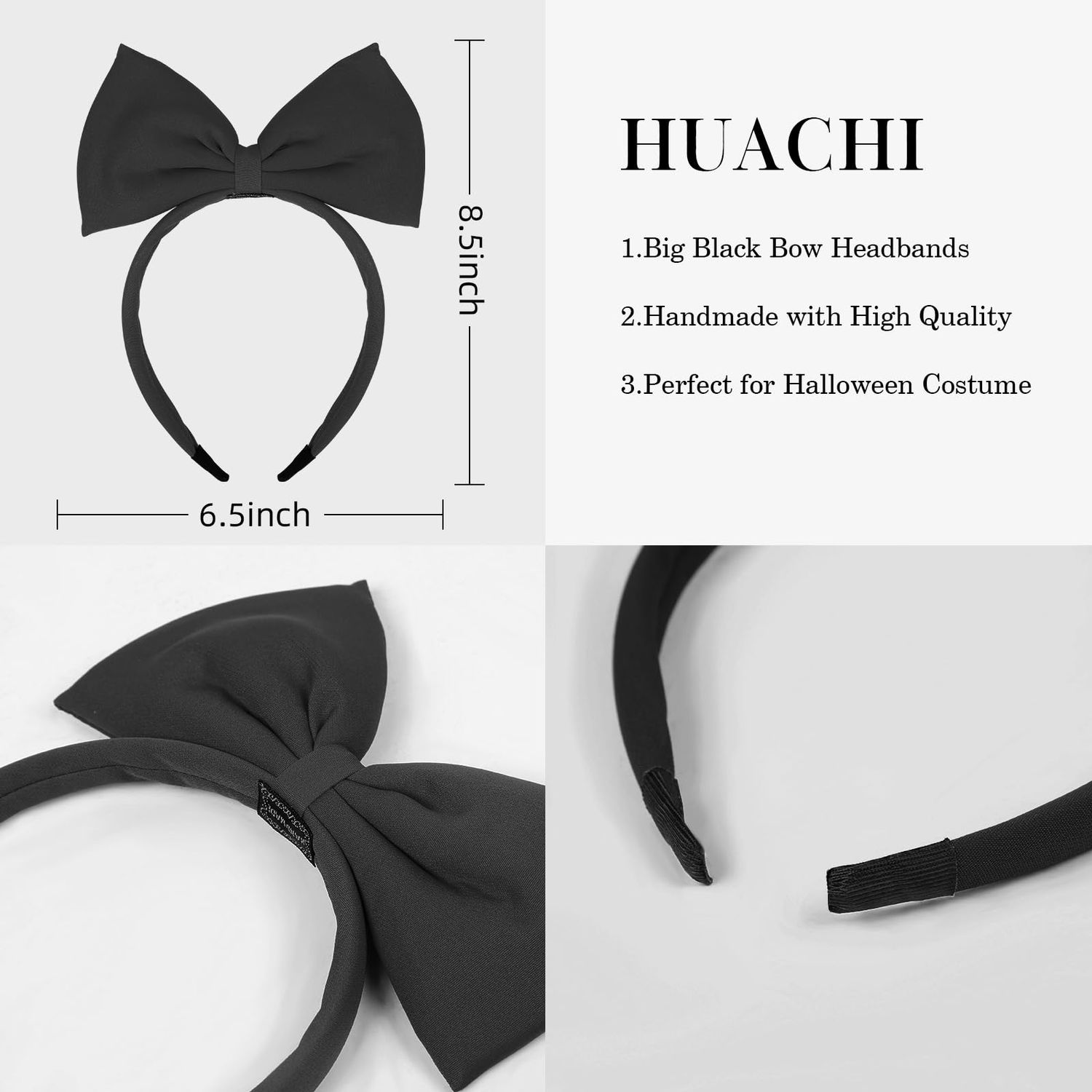 Huachi Black Bow Headband for Women Girls, Cute Big Bow Headbands Cosplay Costume Hair Accessories, Halloween Christmas Festivals Headdress Headpiece Adults Kids Party Decoration
