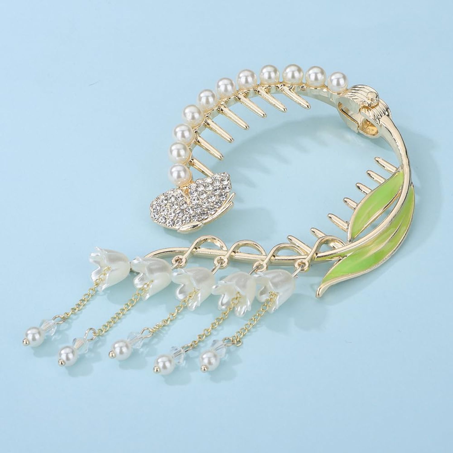 Wiwpar Crystal Ponytail Hair Clips Pearl Ponytail Rhinestone Hair Claw Clips Long Pearl Tassel Pendent Hair Clip Barrettes Flower Ponytail Hair Accessories Non Slip Jaw Banana for Women Girls (Style1)