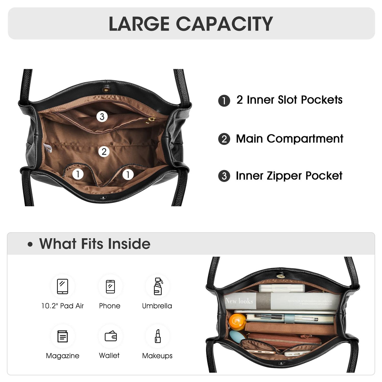 Kattee Soft Genuine Leather Tote Bags for Women Casual Shoulder Hobo Purses and Handbags with Top Magnetic Snap Closure (Black)