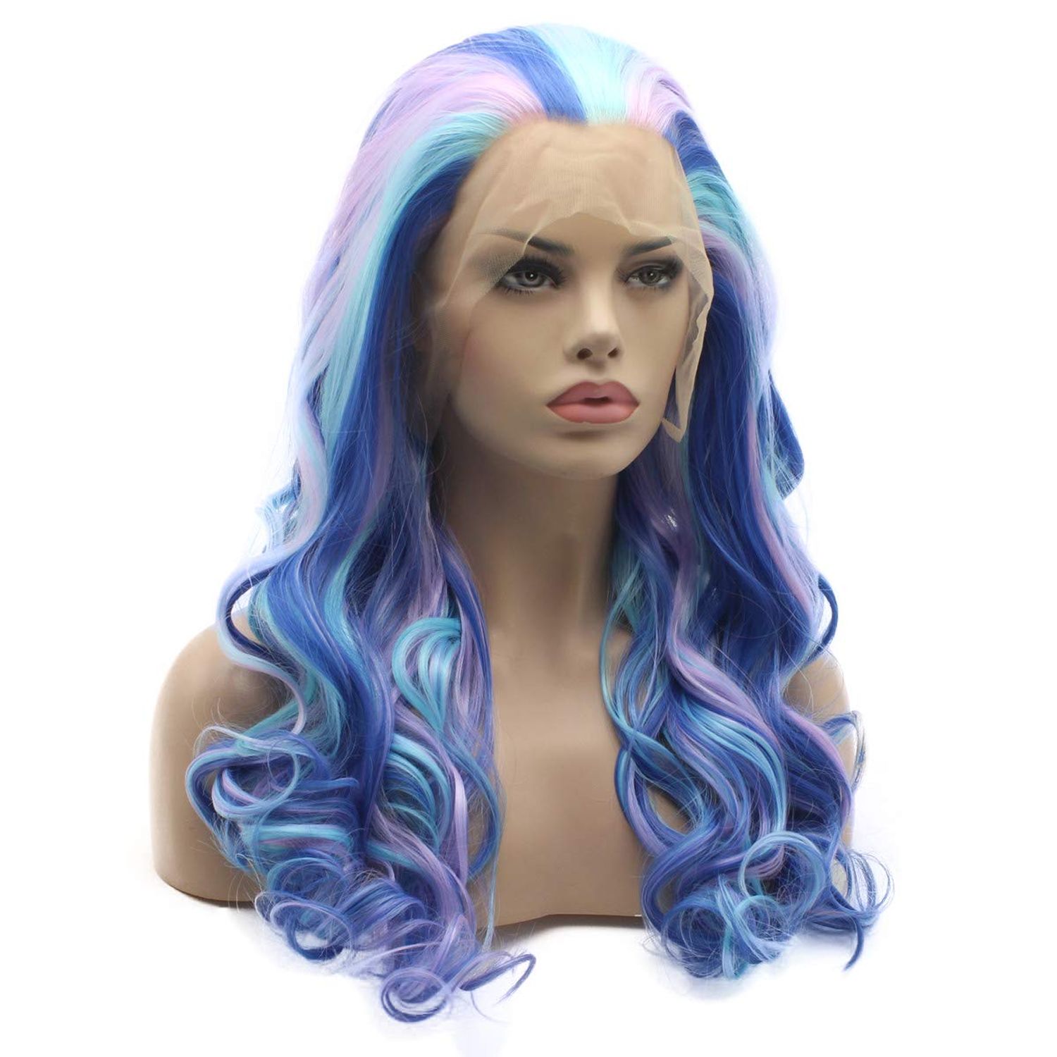 Lushy Long 24inch Wavy Three Tone Mix Blue and Purple and Pink Wig Heavy Density Heat Resistant Realistic Synthetic Lace Front Wigs