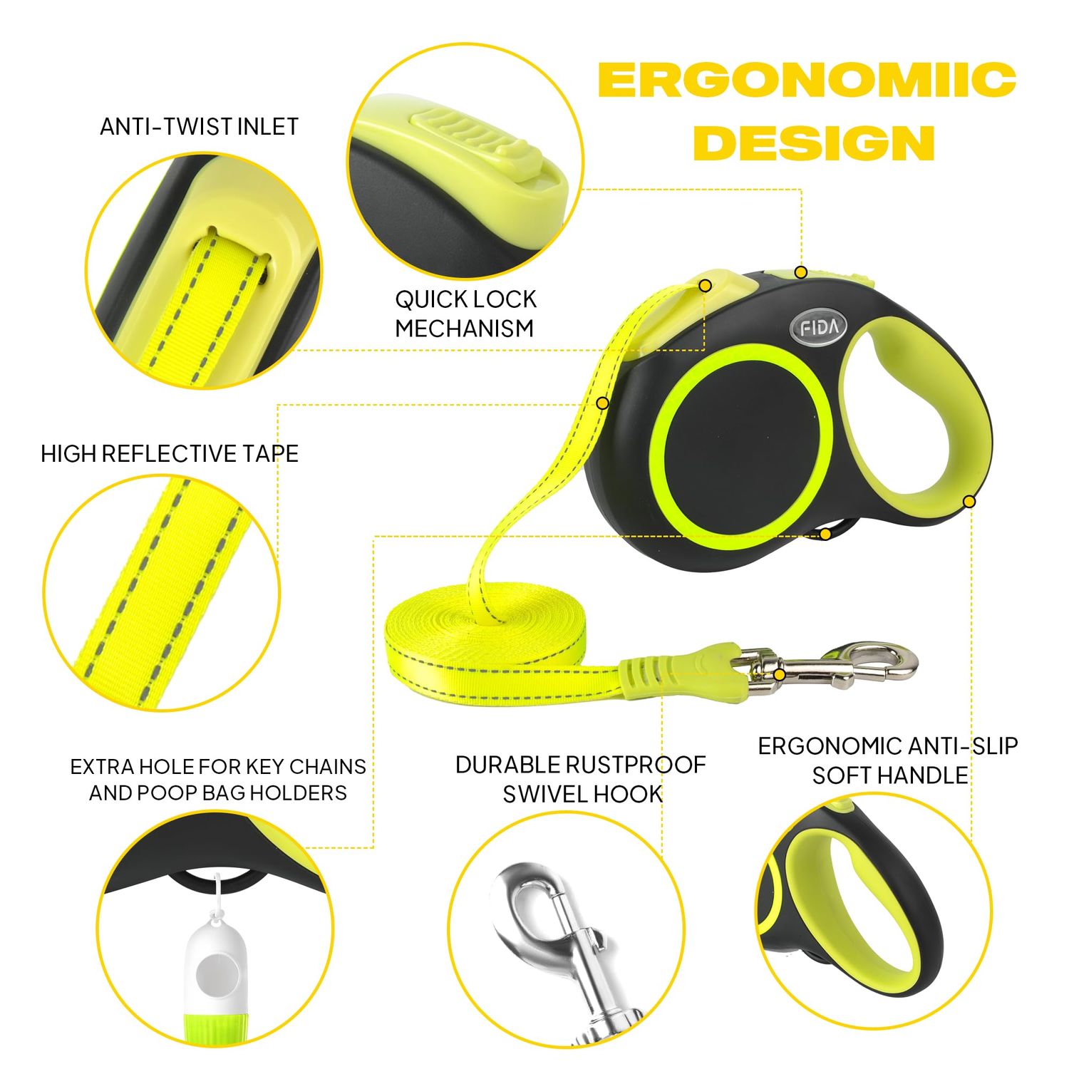 Fida Retractable Dog Leash, Reflective 16ft Heavy Duty Pet Walking Leash for Small/Medium Dog up to 26 lbs, Tangle Free. One-Hand Brake (Small, Neon Yellow)