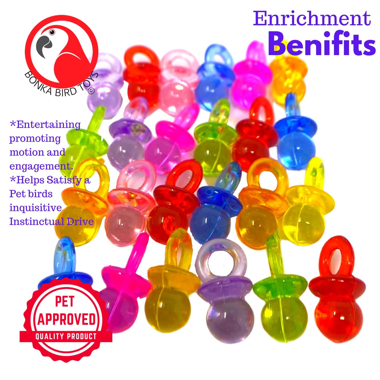Bonka Bird Toys 2949 Pk24 3/4" Color Tiny Pacifiers Parrot Bird Toys, Conure, Quaker, Ringneck, and Similar