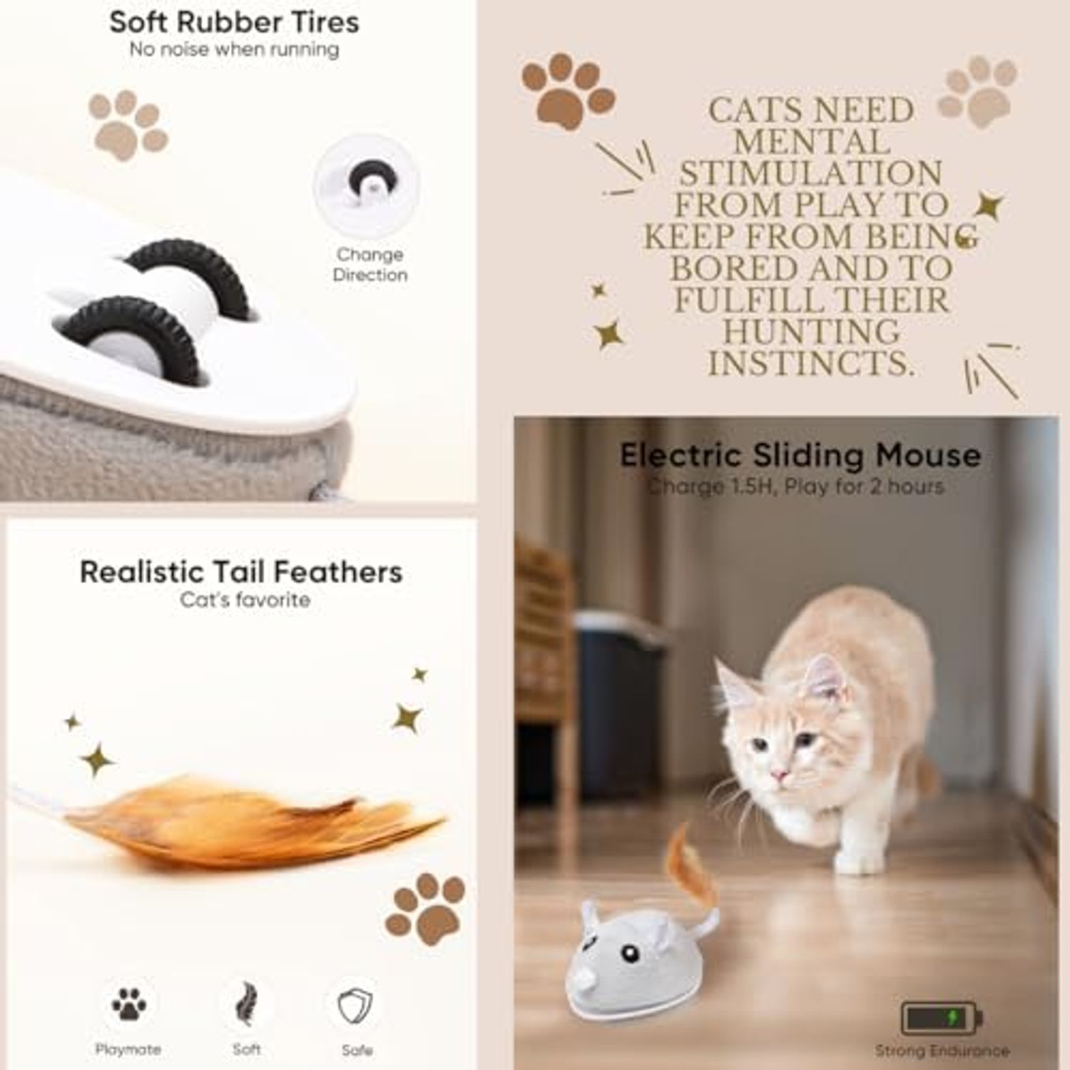 ALLTHINGVB Interactive Version2 Automatic Cats Plush Toys Play for Indoor Boredom Alone. Electric Moving Mouse Cat Toys with Real Feather Tail, Less Noise USB Rechargeable. (Grey)