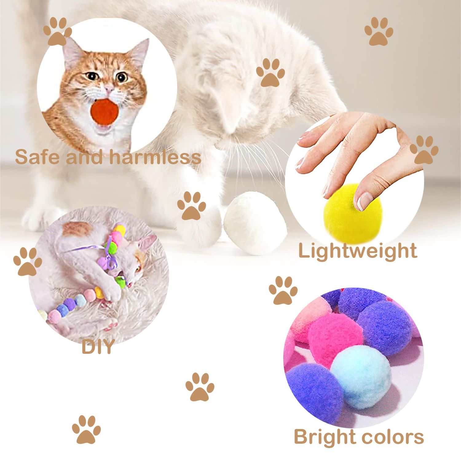 HaiPal Cat Toy Balls, 10Pcs Premium Soft Pom Pom Balls for Kittens, 1,6'' Funny Interactive Cat Pompom Toys for Bored Indoor Cats Playing Plush Balls for Craft DIY Decorations, Cute Kitten Kitty Toys.