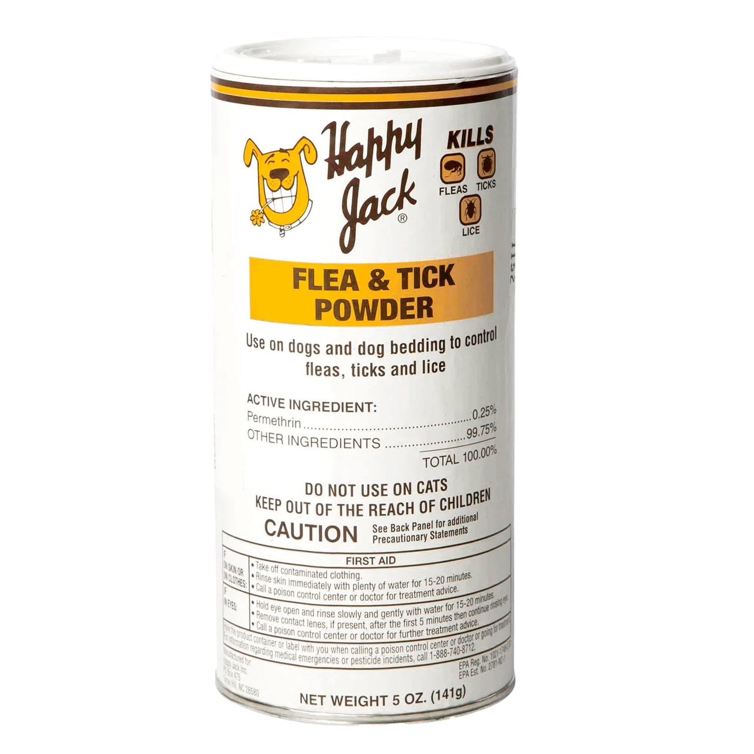 Happy Jack Flea and Tick Powder for Dogs & Puppies, Flea Powder for Carpets, Treatment & Control, Kills Pests, Ticks & Lice, Odorless & Non-Staining, Dust on Sleeping Quarters & Furniture (5 oz)