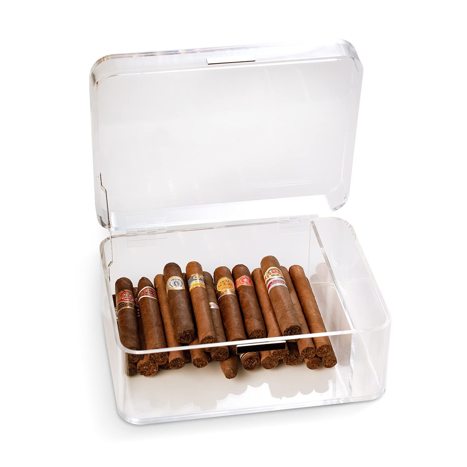 Acrylic Cigar Humidor Cigar Storage Box, Air Tight Cigar Container, Humidifier, Compartment for Humidity Pack Stores 50-75 Cigars (White)
