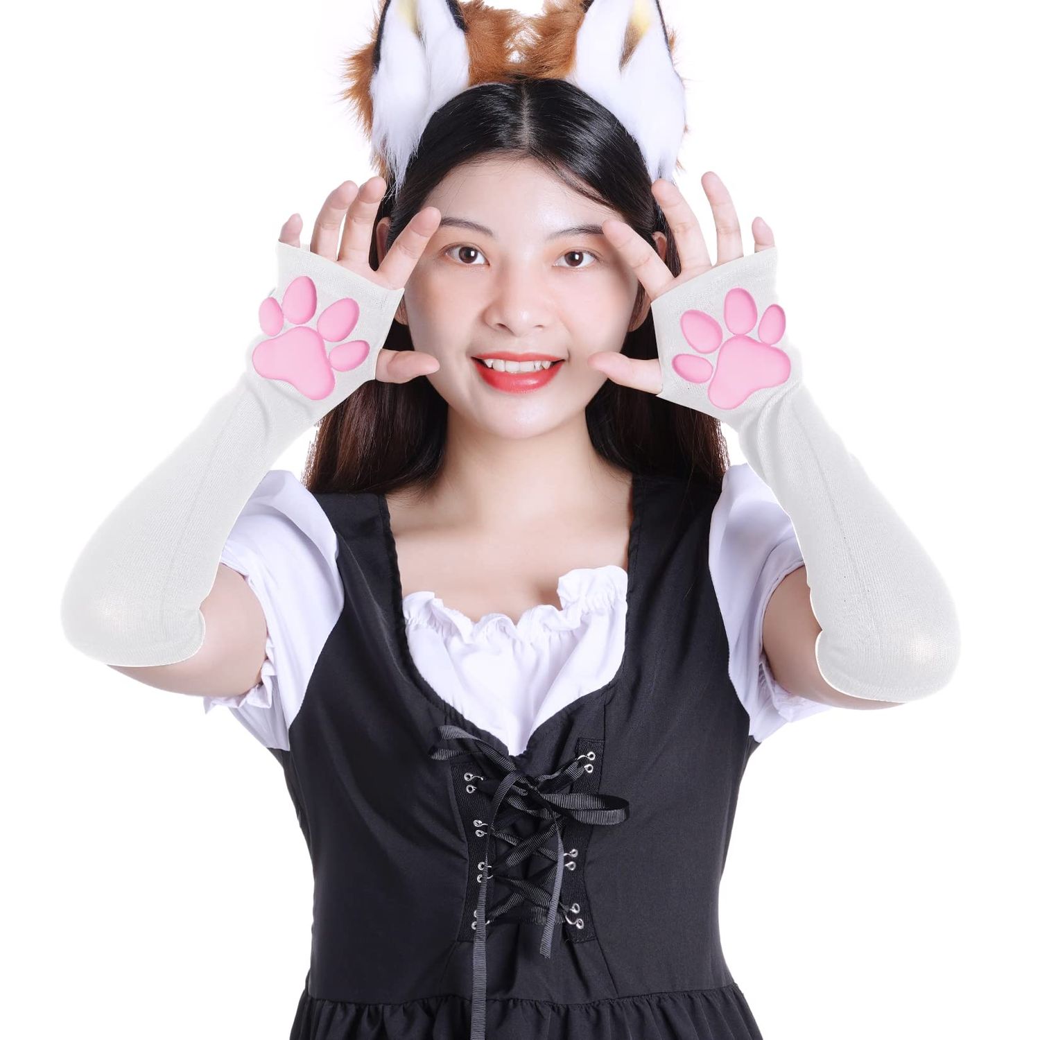 Nydotd Cat Paw Pad Mittens Gloves Kawaii Pink 3D Claw Fingerless Cute Cat Cosplay Gloves Sleeve for Girls Halloween Party (White, Long)