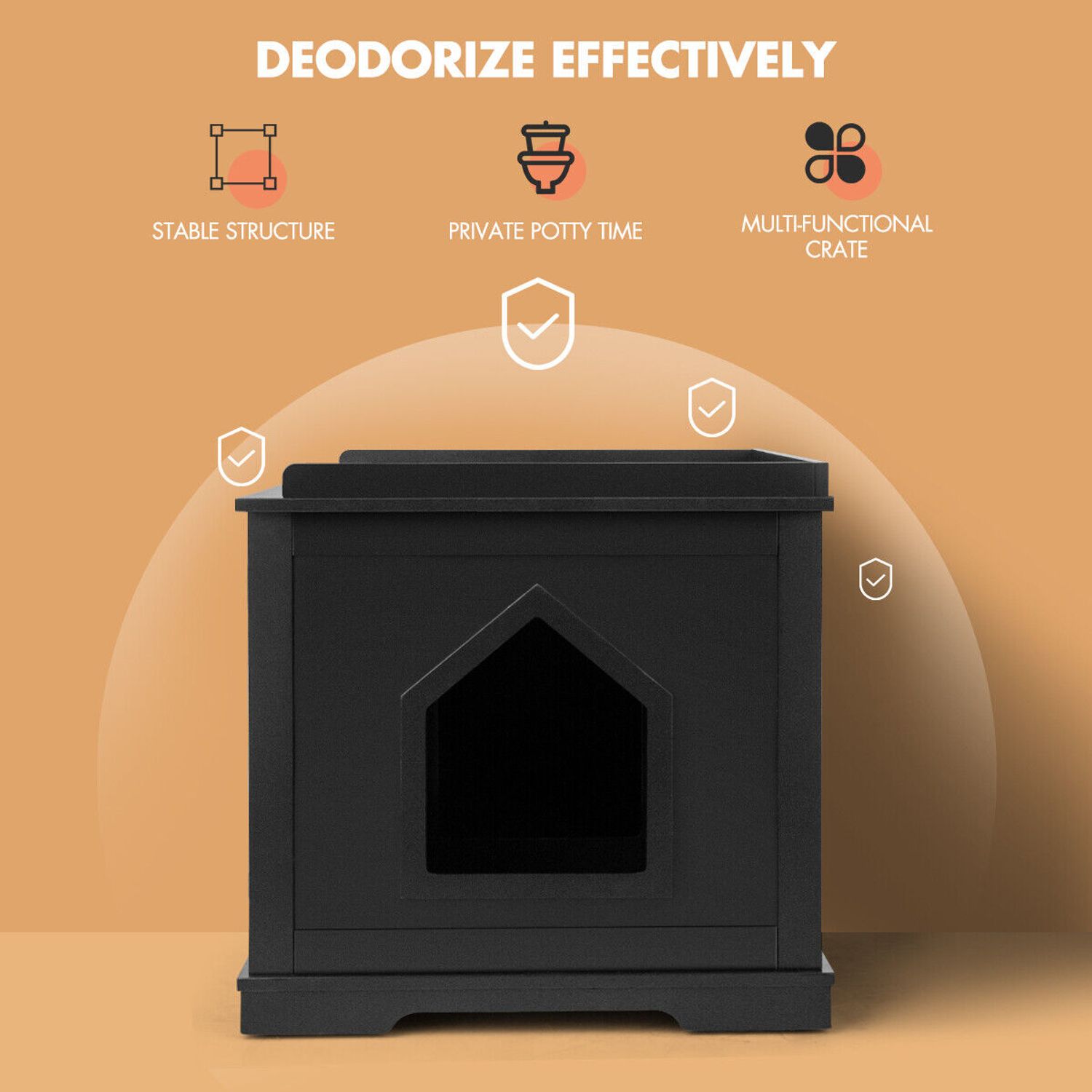 Costway Cat Litter Box Wooden Enclosure Pet House Washroom Storage Bench Black