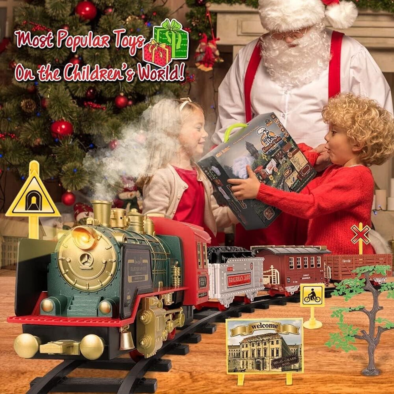 Christmas Electric Train Set with Remote Control, Sound, Light & Tracks, Kids 3+