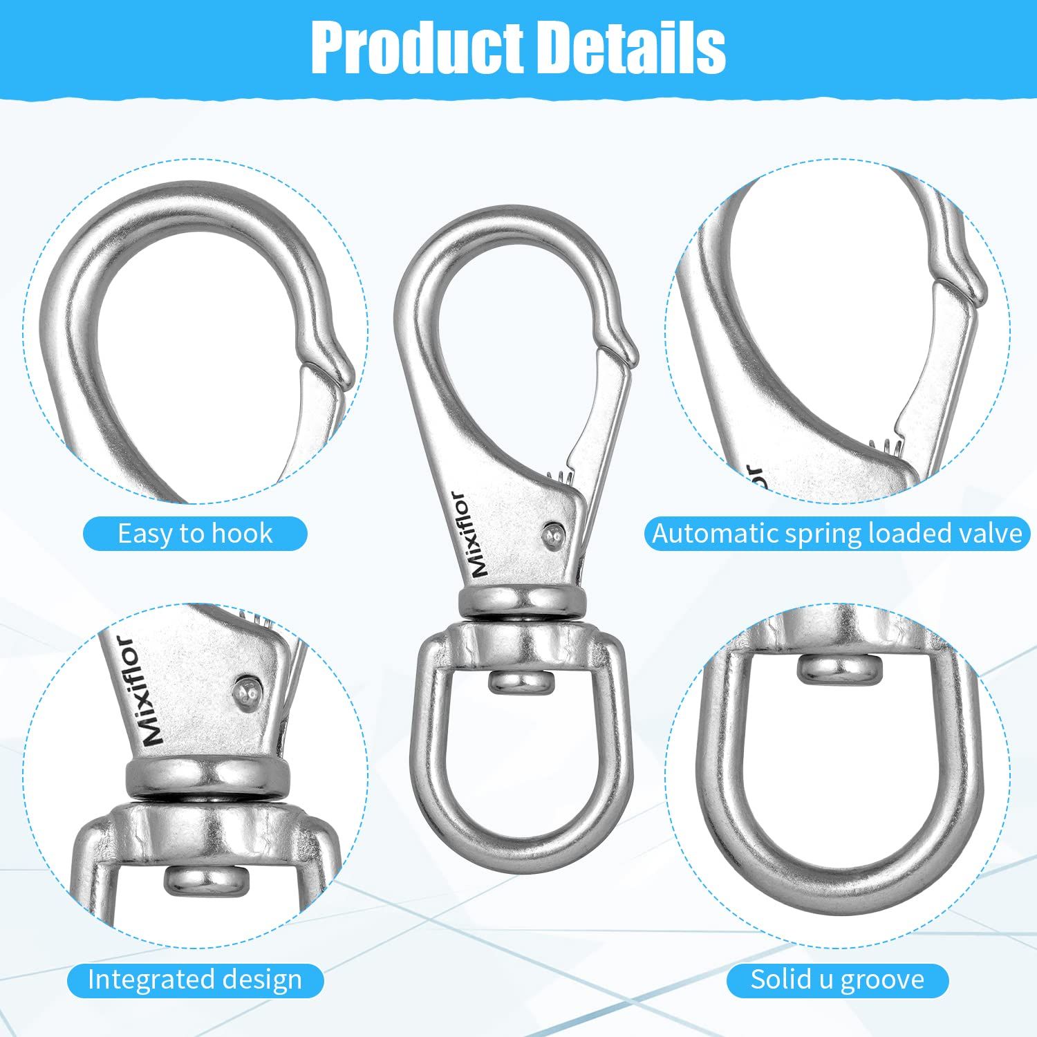 Mixiflor Stainless Steel Swivel Eye Snap Hook, 4 Pack (4 Inch) Swivel Snap Hook Flag Pole Clips, Rotating Diving Clips Spring Hooks for Flag Poles, Dog Leash, Key Chain, Boat Anchor Rope, Bird Feeder
