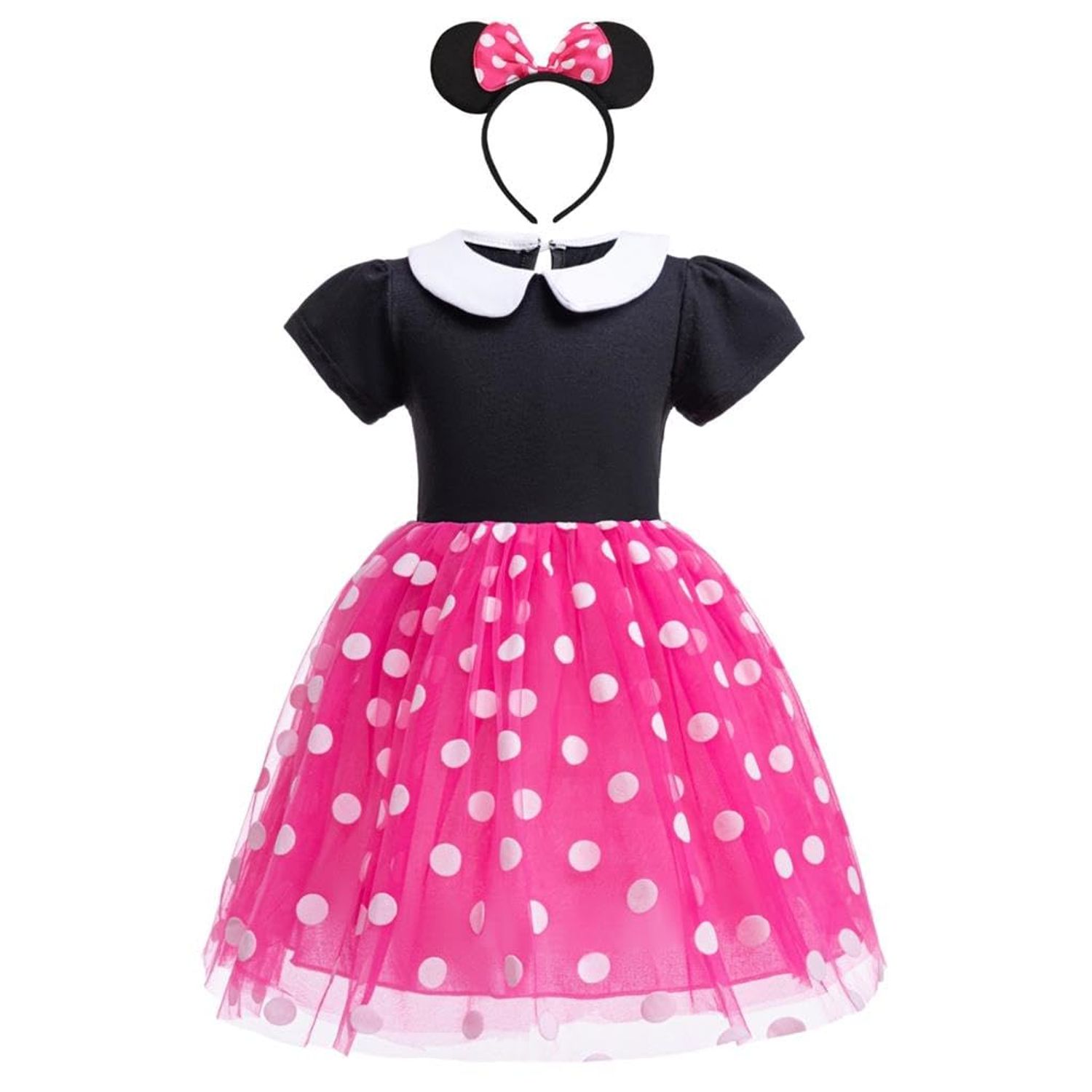 Dressy Daisy Baby Girls Polka Dots Fancy Dress Up Halloween Costume Birthday Party Outfit with Mouse Ears Headband Size 18-24 Months, Hot Pink 426