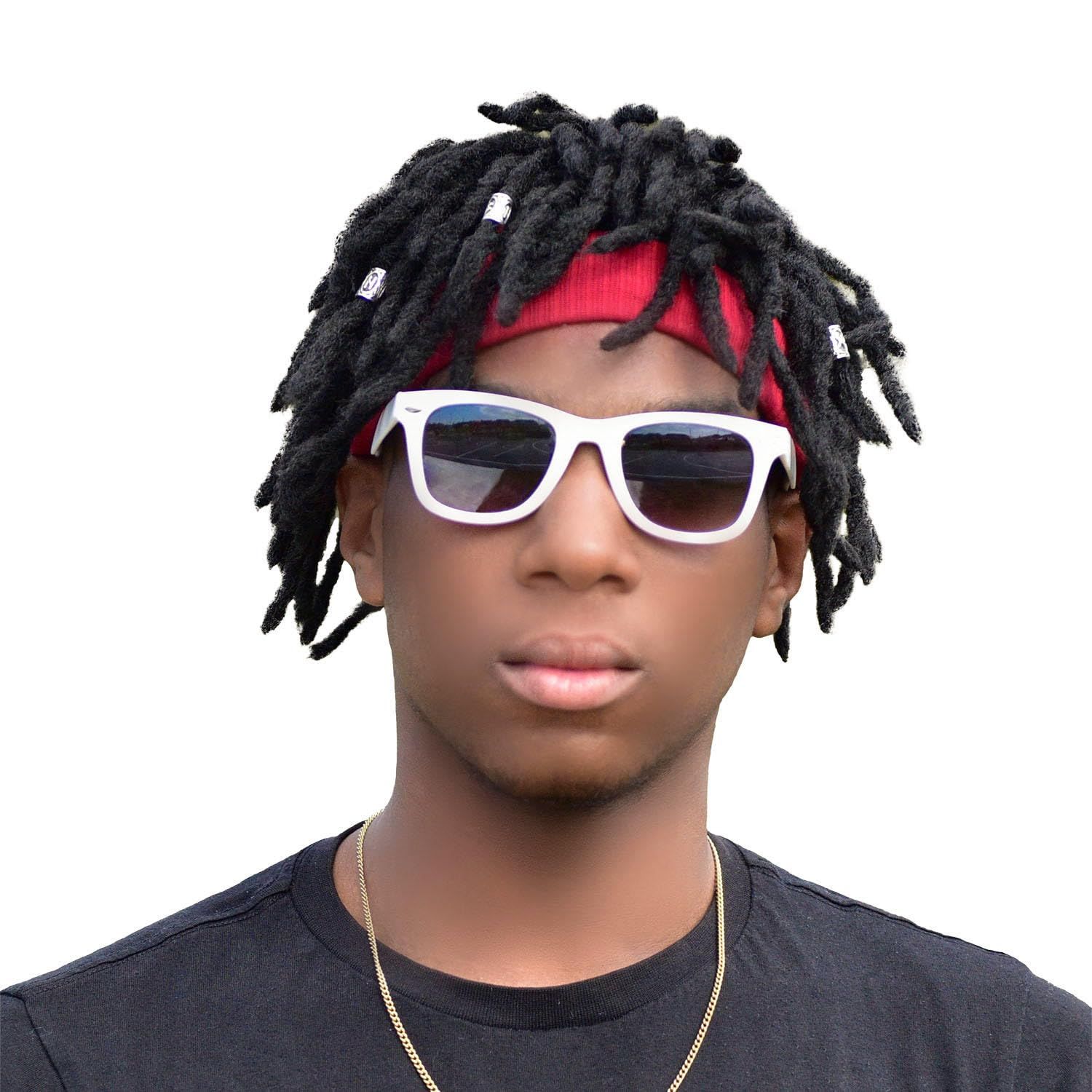 Braided Wig with Red Headband comes with three Hair Rings Silver Hip-Hop Sporty for Costume Black Wig Cap Unisex Dreadlock Wig