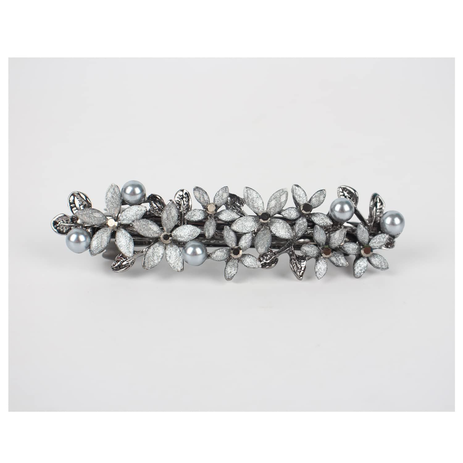 Barrettes for Women,with Flower bloom appearance,embedded Rhinestone and imitation Pearls as Decoration,elegant and retro Hair clip.light grey