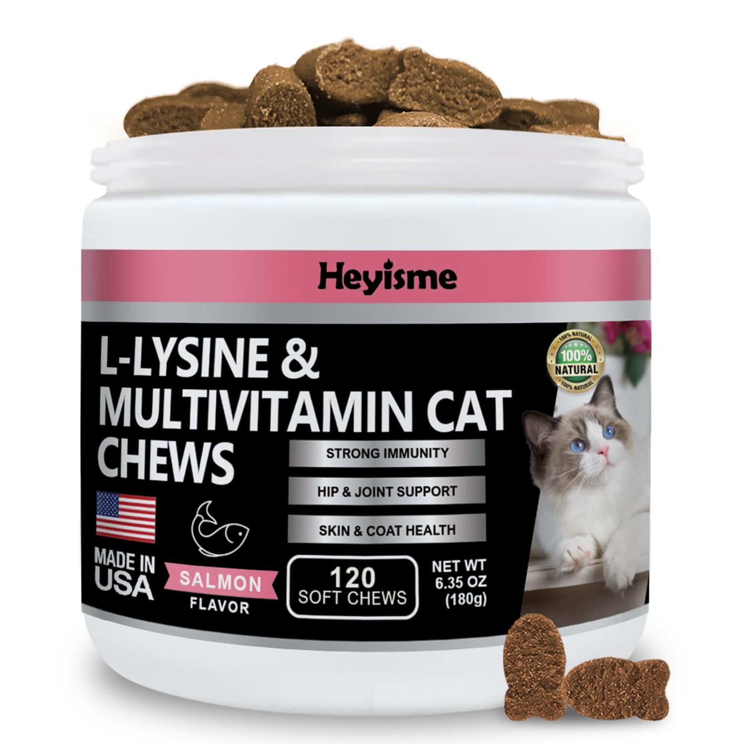 HEYISME Lysine Supplement for Cats, Cat Treats for Sneezing and Runny Nose, Cat Cold, Cat Immune Support, Eye Function, and Respiratory Health, L-Lysine cat Vitamins for Cats (120 Pills, Salmon)