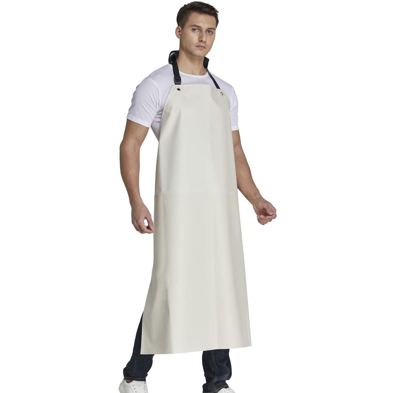 RECECASA Rubber Waterproof Apron Butcher Heavy Duty -Oil Chemical Resistant Thick Work Safety Gardening Aprons - Best for Cleaning Fish, Dog Grooming, Lab Work, DishWashing (White, XL)