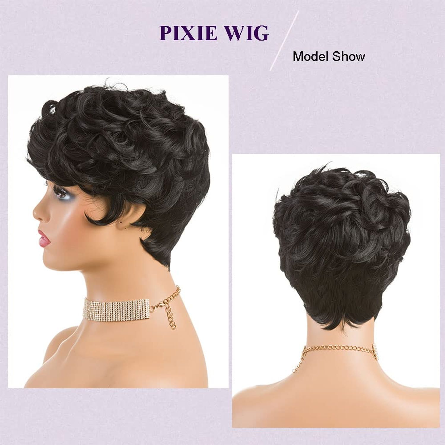 MOONSHOW Short Curly Wigs for Black Women Pixie Cut Wig Black Short Pixie Wigs for Black Women Pixie Cut Curly Wig with Bangs Black Pixie Wigs for Women Synthetic Pixie Wigs for Black Women