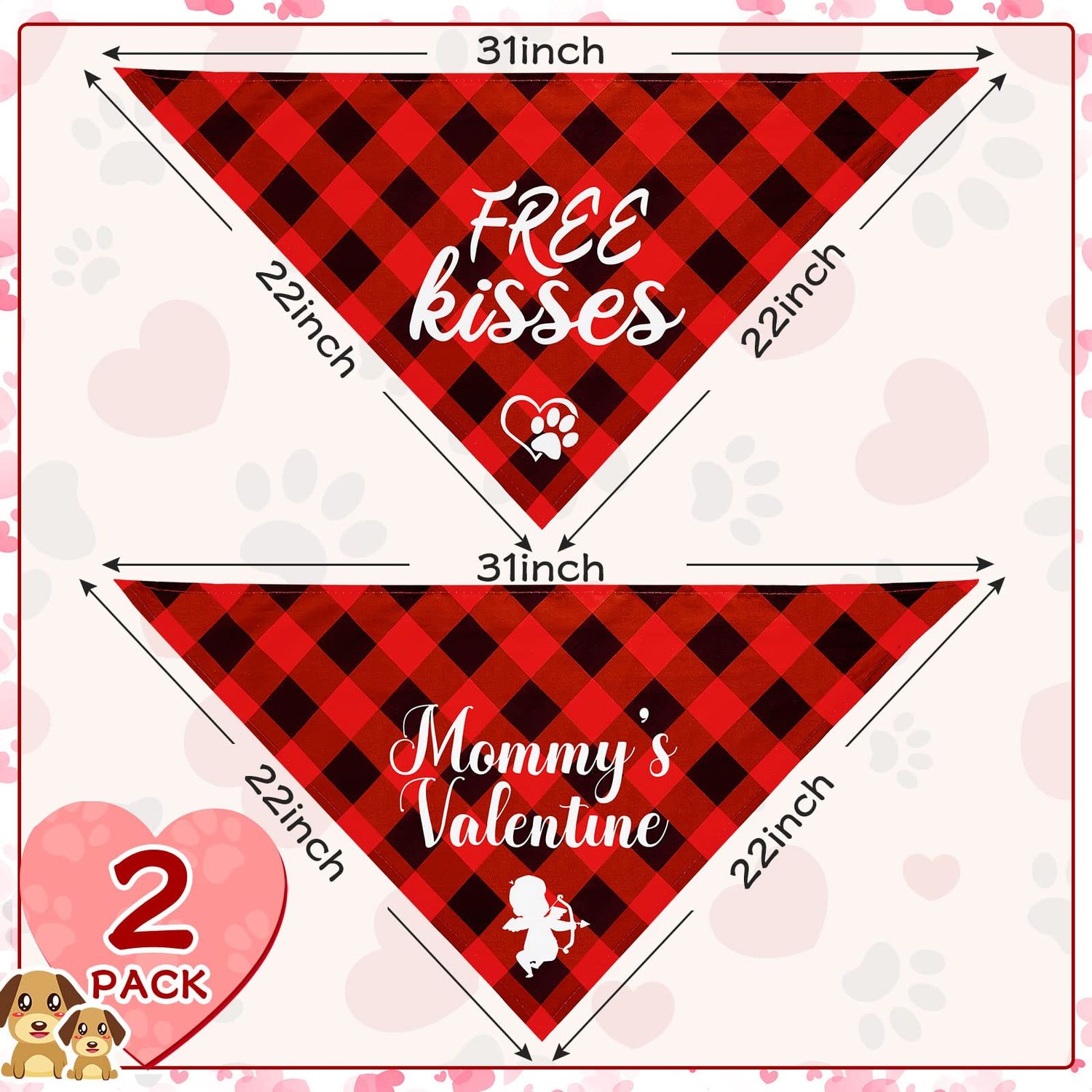 Weewooday 2 Pieces Valentines Day Dog Bandana Buffalo Plaid Valentine Scarf Red Black Checked Puppy Bandanas for Pets Dogs Cats Accessories